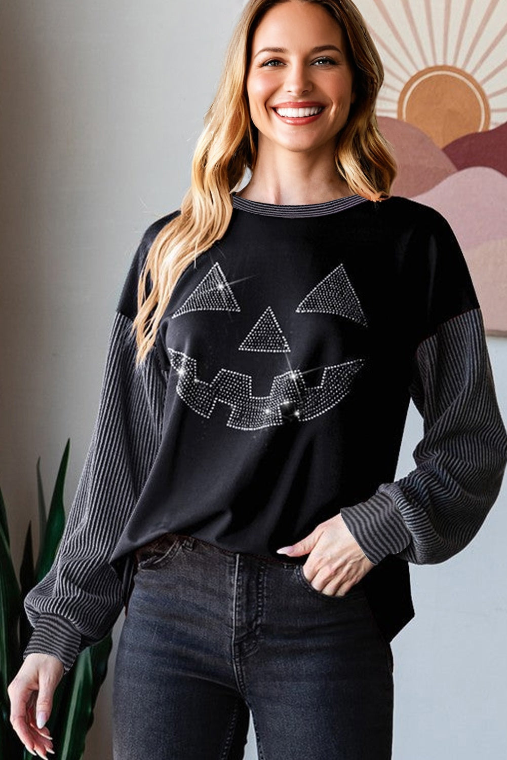 Black Halloween Rhinestone Pumpkin Face Contrast Ribbed Long Sleeve Patchwork Top 🇺🇸