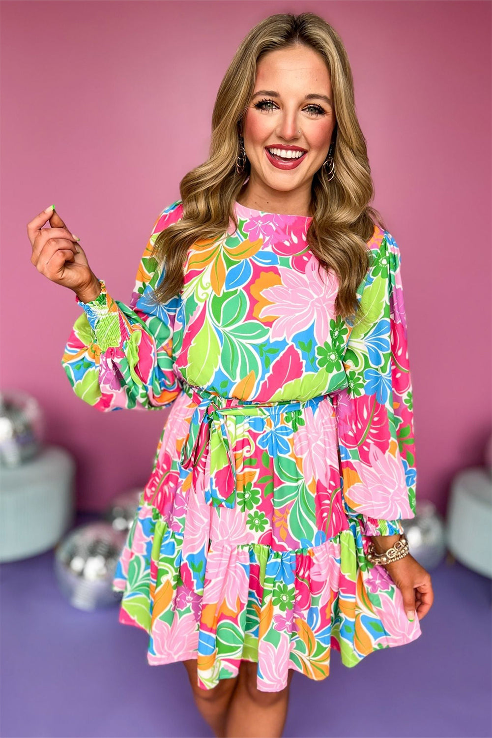 Green Multicolor Botanical Bubble Sleeve Mini Dress 🇺🇸