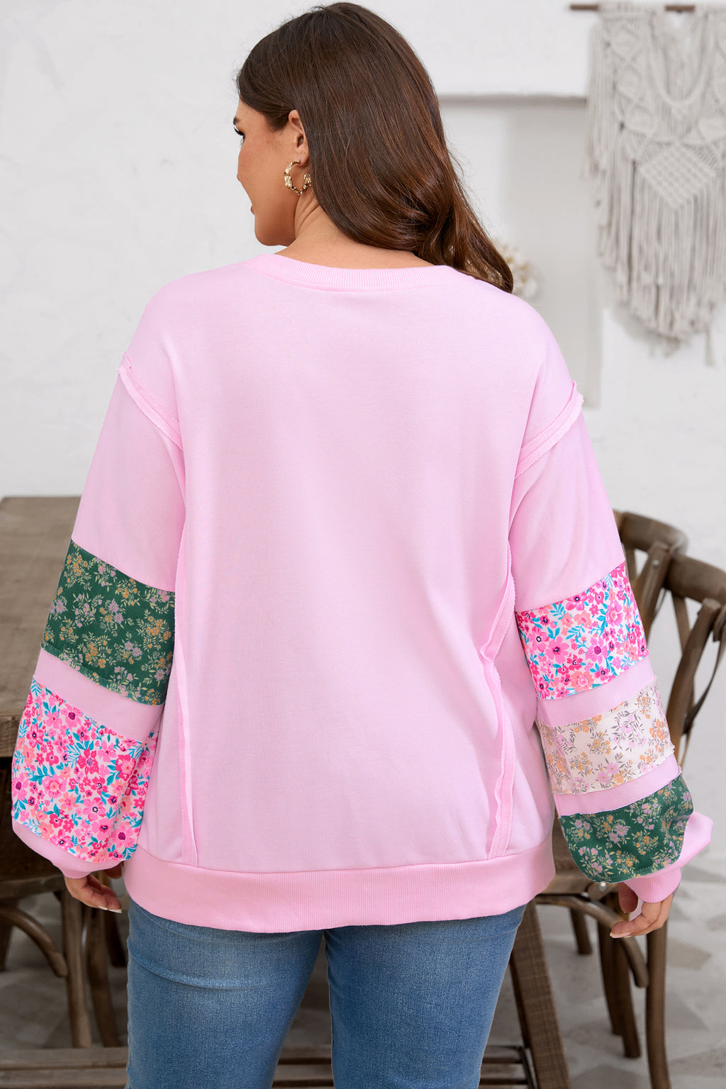 Pink Plus Size Mix Floral Patched Sleeve Ribbed Trim Baggy Sweatshirt 🇺🇸