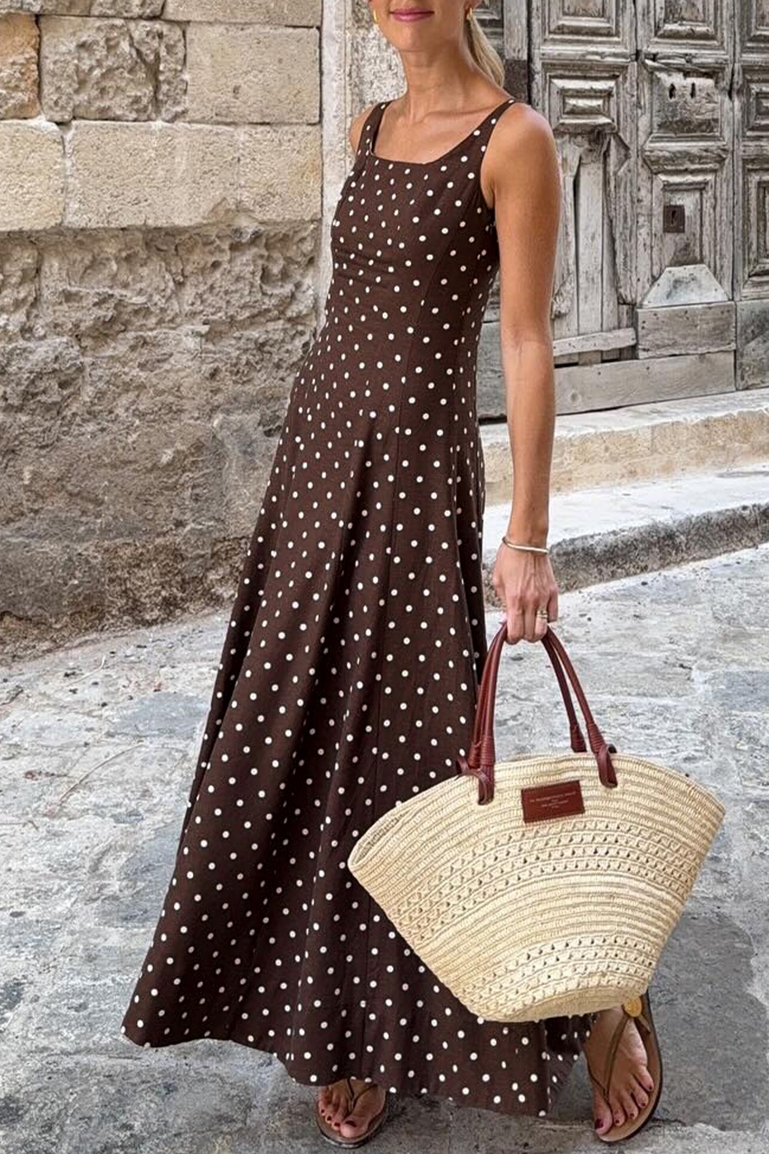 Brown Polka Dot Print Square Neck Sleeveless Vacation Long Dress 🇺🇸