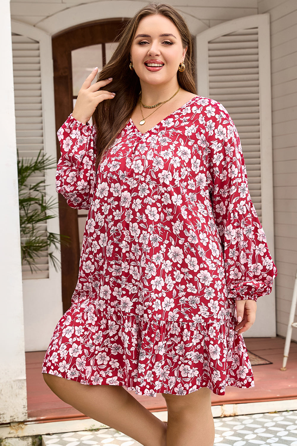 Purple Plus Floral Balloon Sleeve V Neck Relaxed Dress 🇺🇸