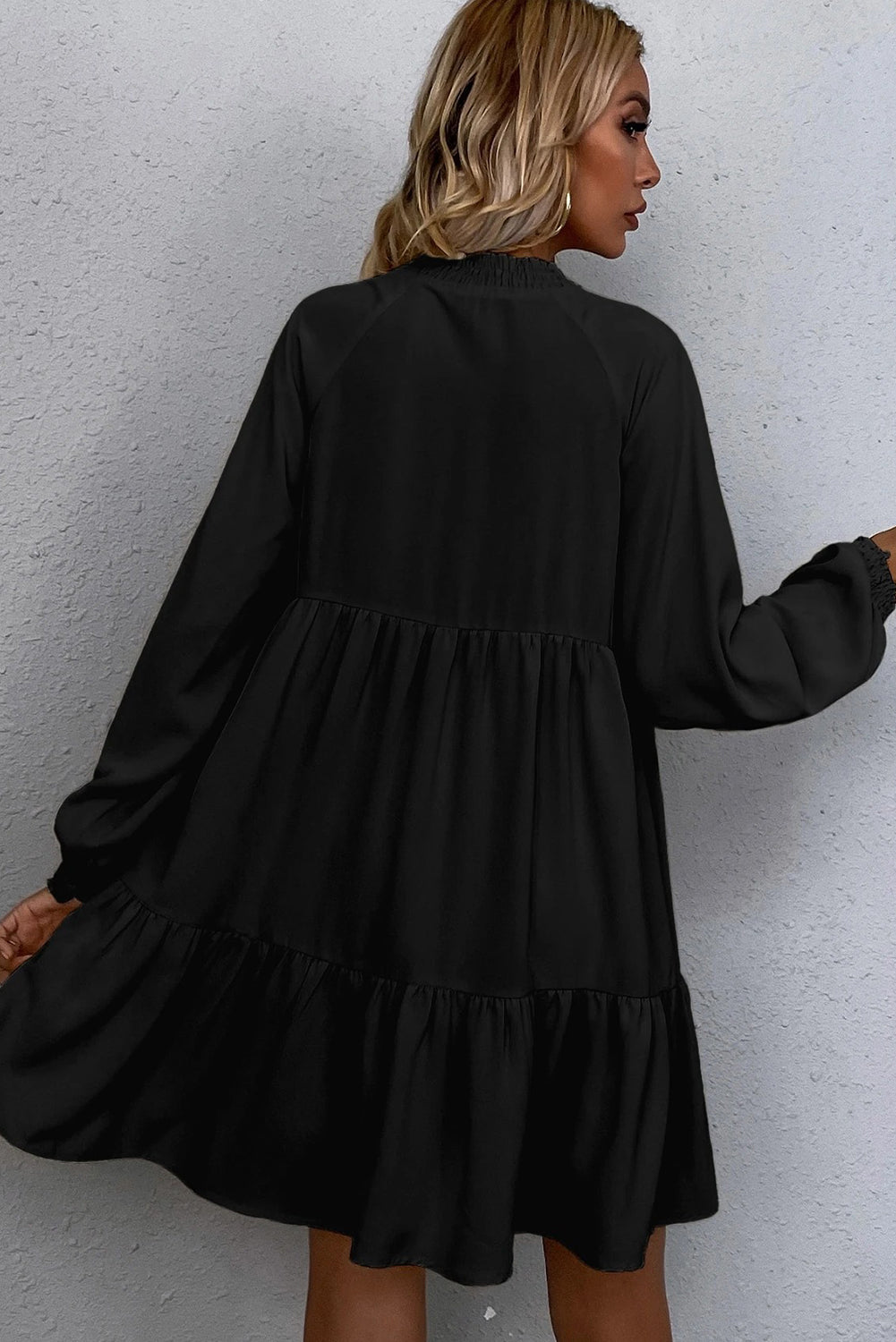 Black Tie Split Neck Smocked Detail Long Puff Sleeve Ruffle Hem Loose Dress 🇺🇸