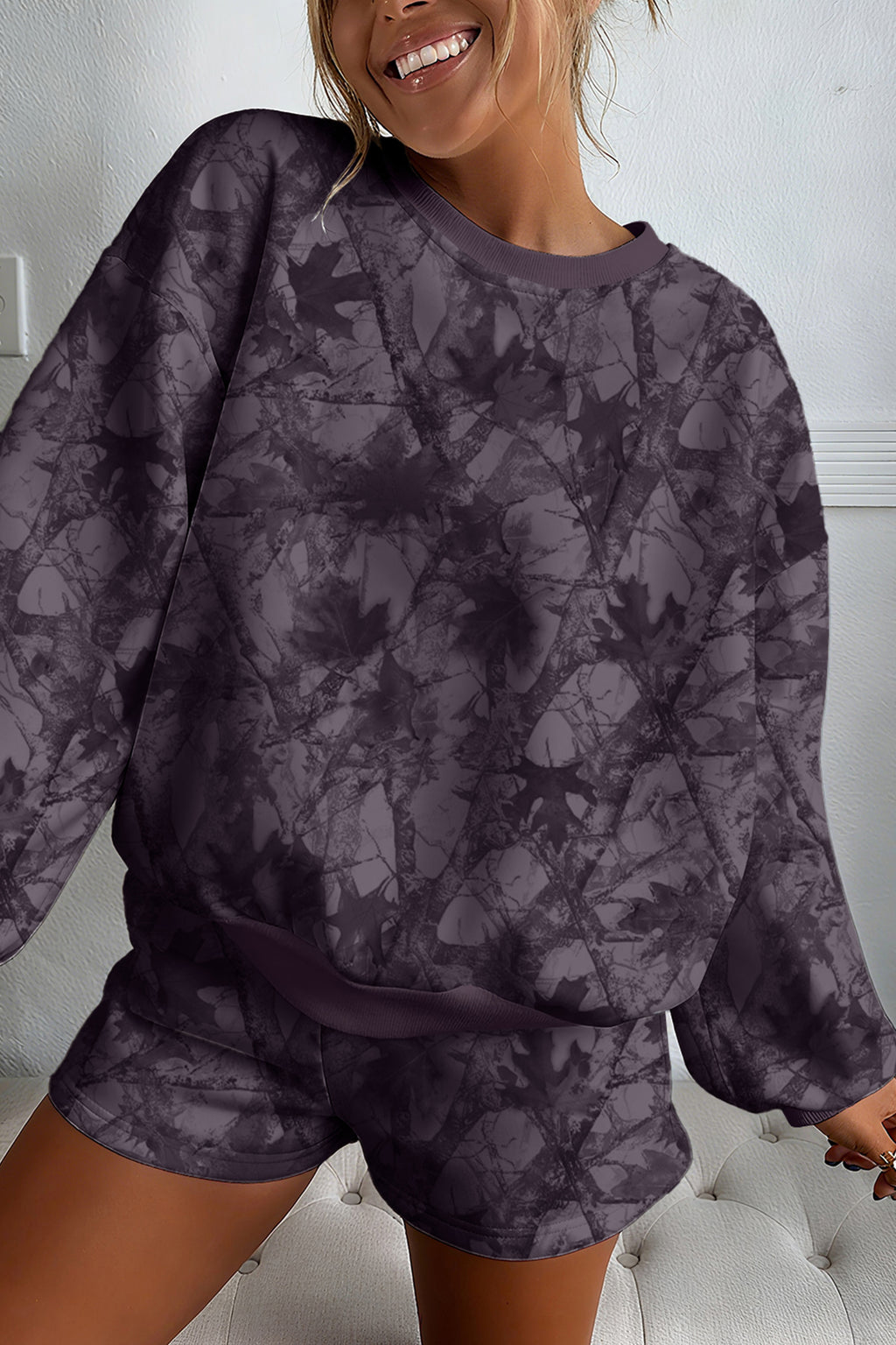 Brown Abstract Woodland Camo Print Baggy Pullover Drawstring Shorts Set 🇺🇸