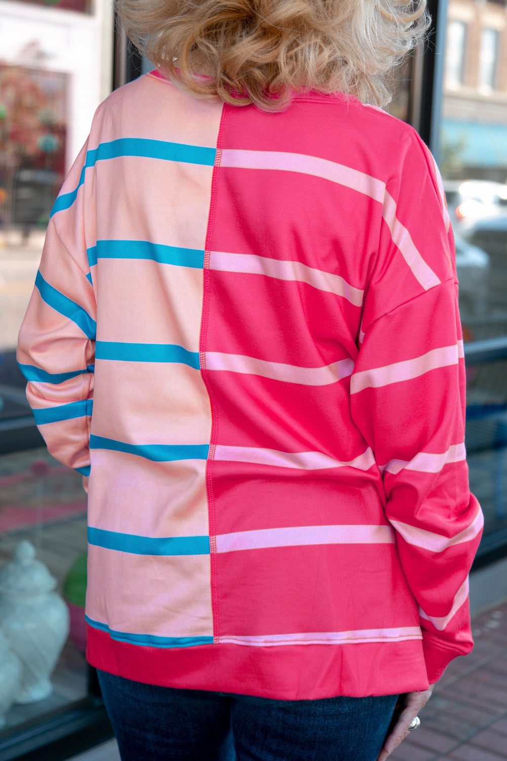 Rose Stripe Color Block Crewneck Long Sleeve Plus Size T Shirt 🇺🇸