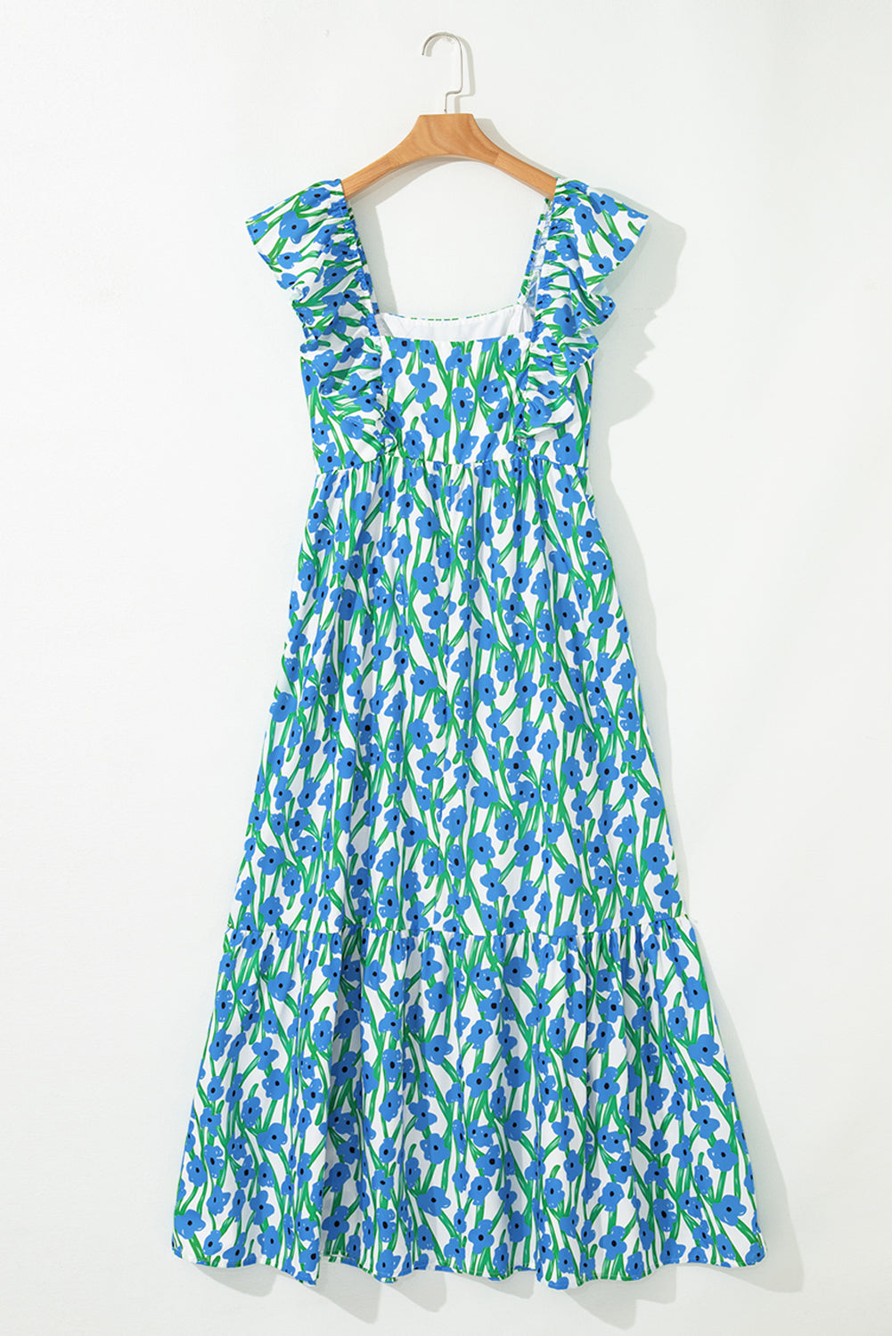Blue Floral Print Square Neck Ruffled Strap Maxi Dress 🇨🇳