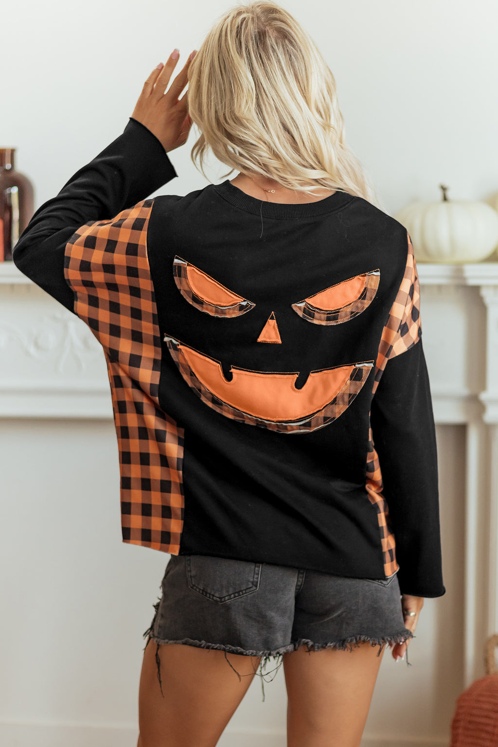 Black Patchwork Plaid Pumpkin Face Long Sleeve Top 🇺🇸