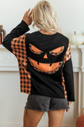 Black Patchwork Plaid Pumpkin Face Long Sleeve Top 🇺🇸