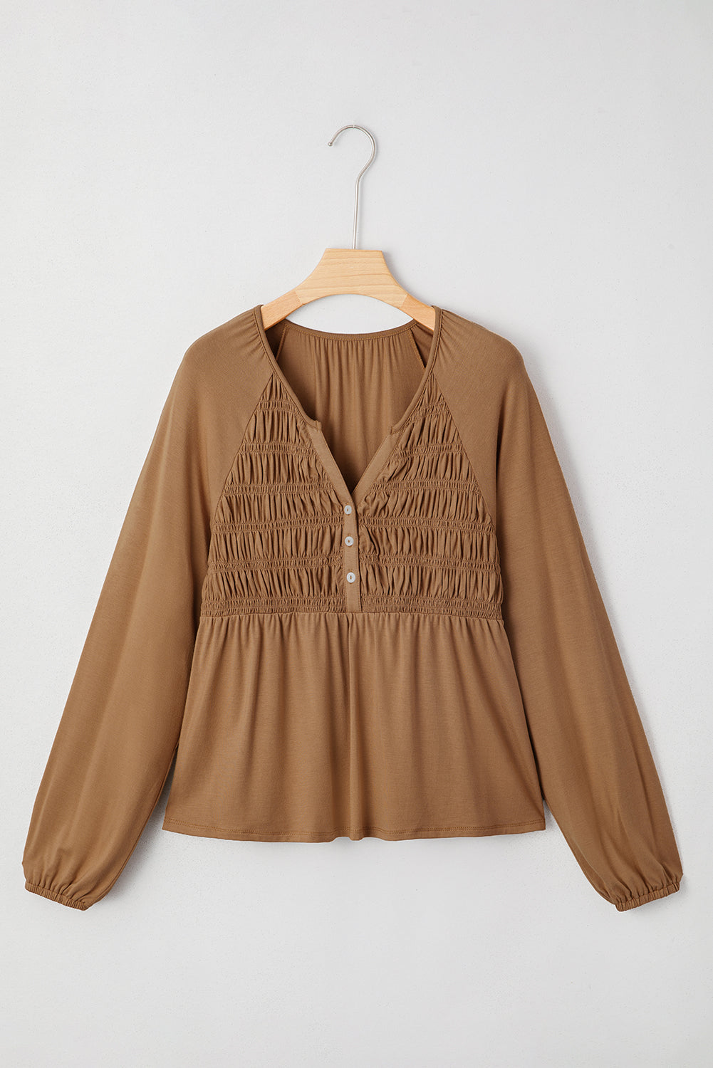 Cinnamon Smocked Bust Buttoned Split V Neck Flow Fit Blouse 🇺🇸