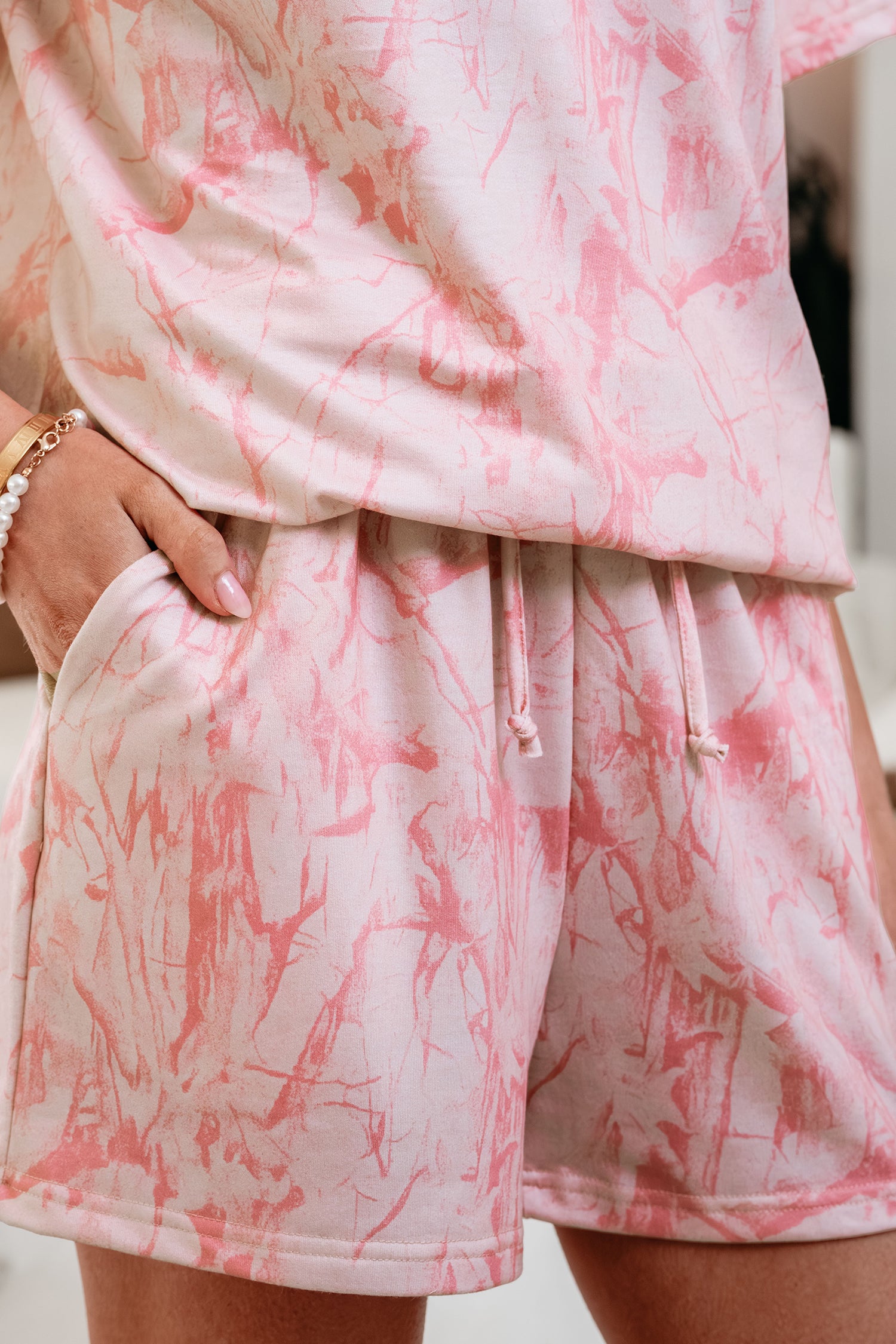 Pink Abstract Print V Neck Loose Tee Drawstring Shorts 2pcs Outfit 🇺🇸