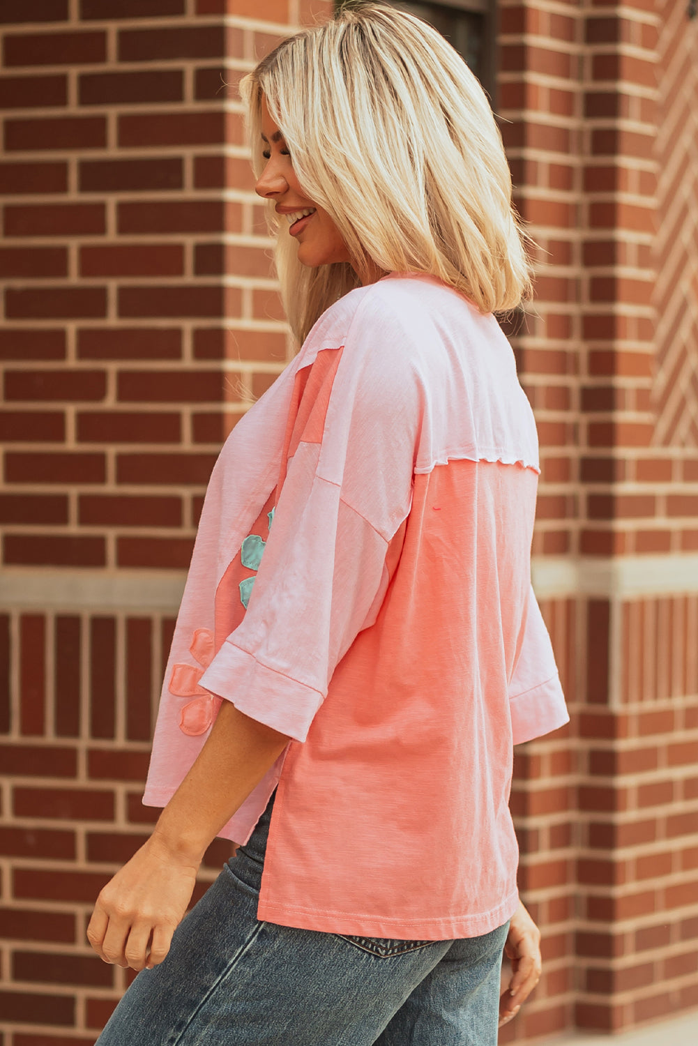 Pink Flower Patched Exposed Seam Bracelet Sleeve Oversized T Shirt 🇺🇲