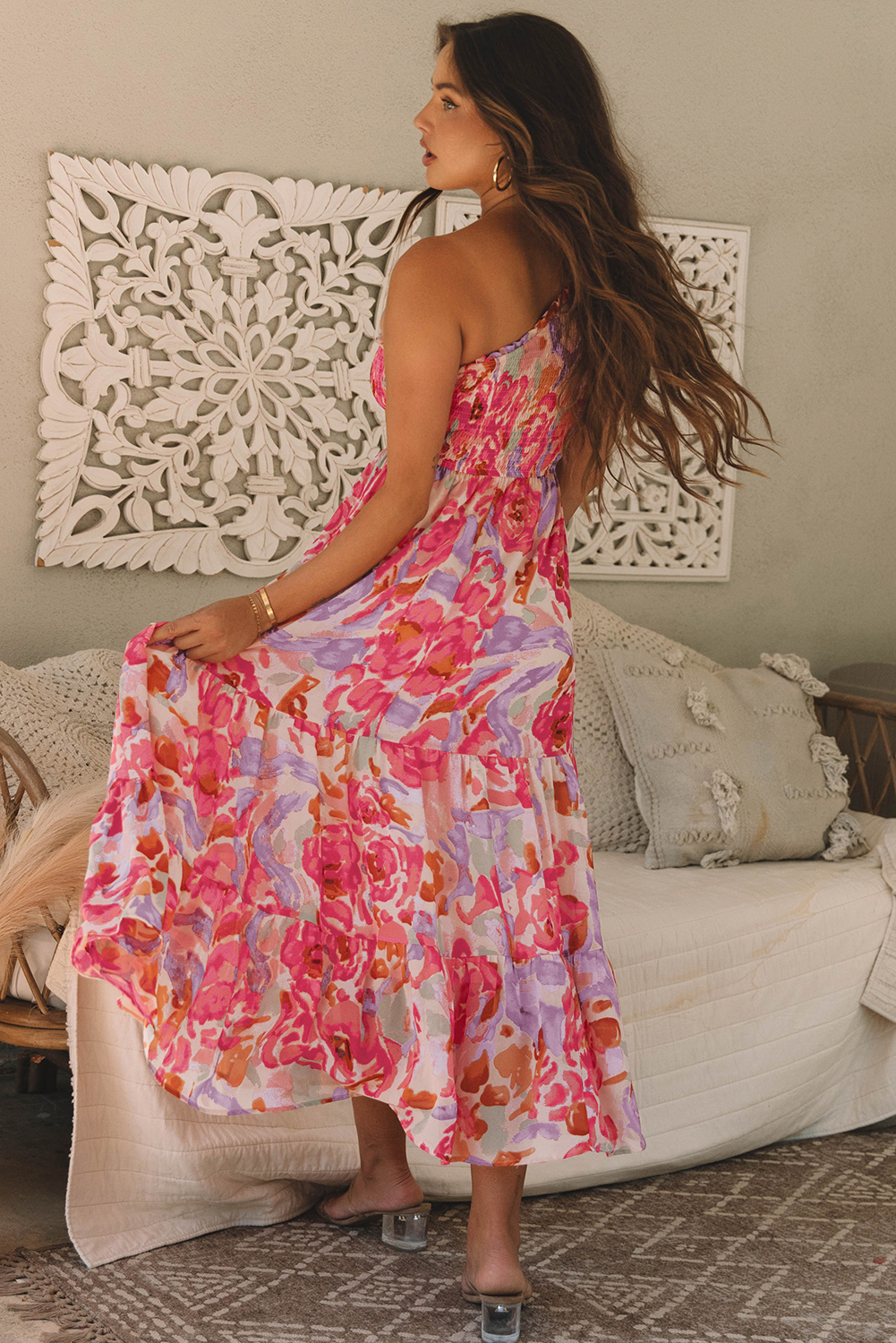 Pink Abstract Floral Print Shirred One Shoulder Maxi Dress 🇺🇸