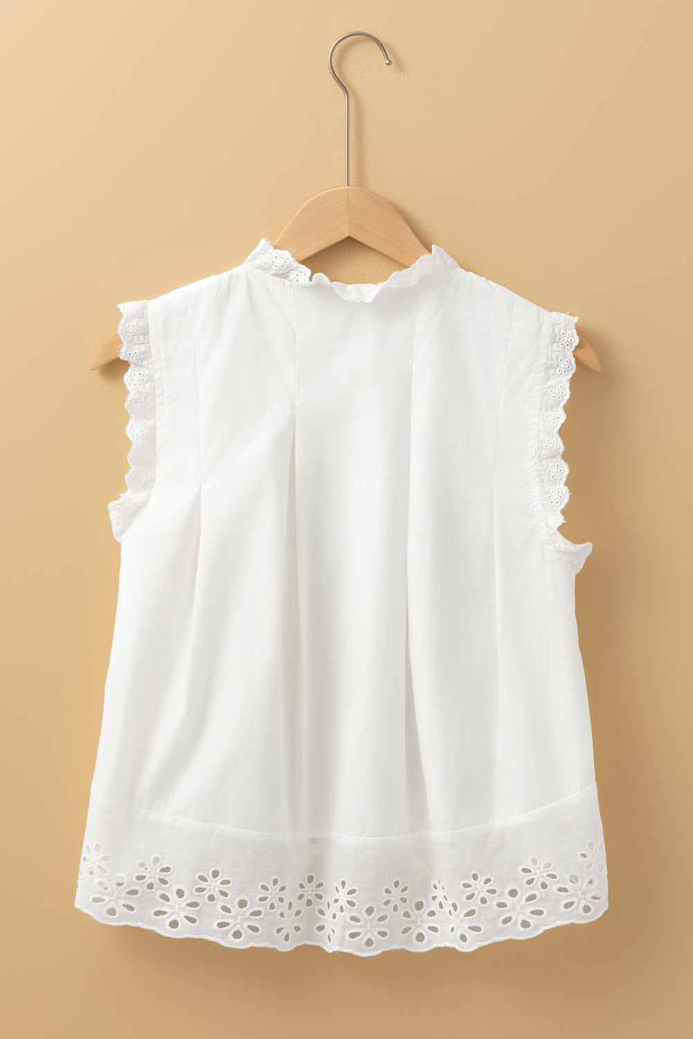 White Solid Color Lace Crochet Eyelets Sleeveless Buttoned Shirt 🇺🇲