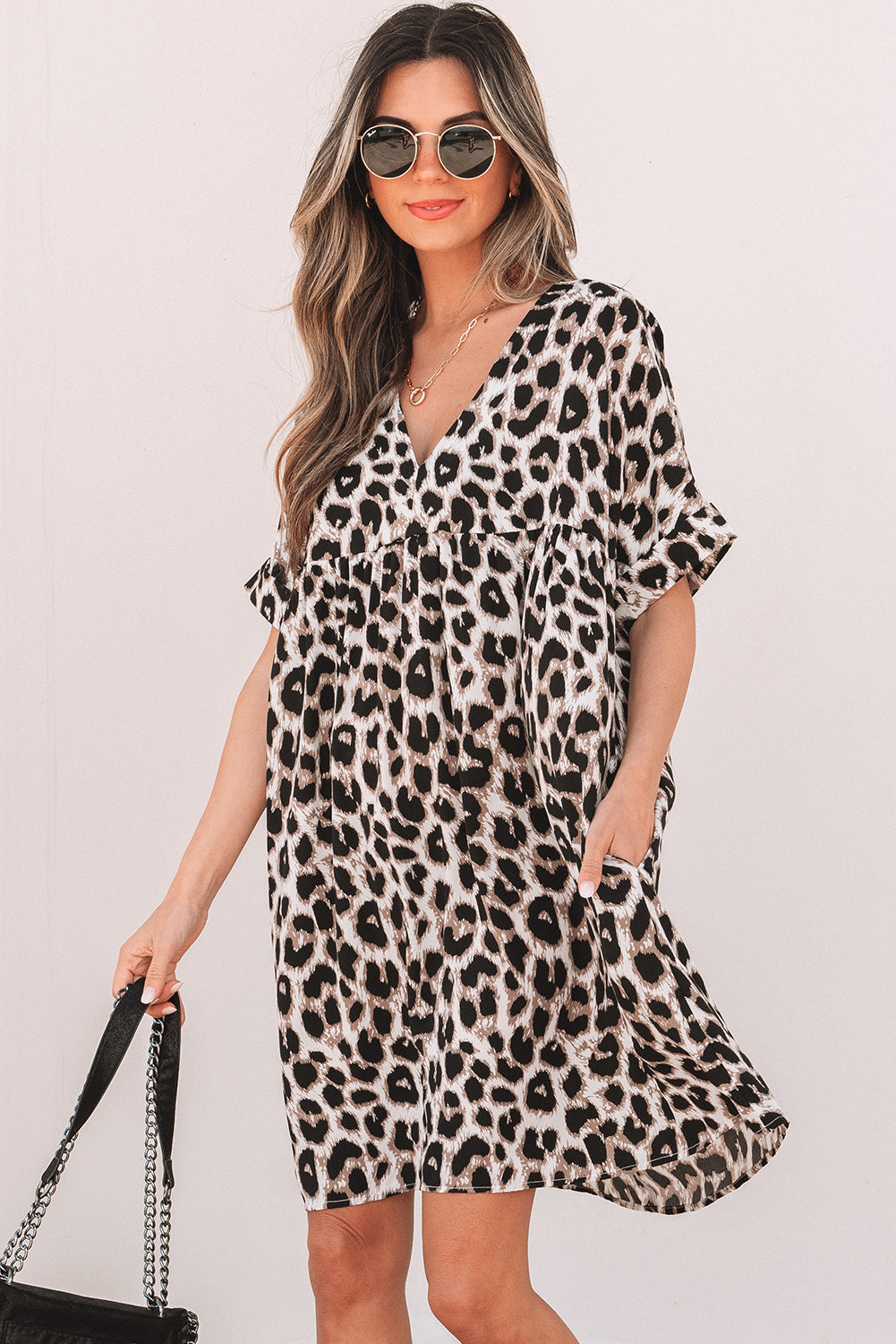 Khaki Cheetah Print Backless V Neck Loose Fit Mini Dress 🇨🇳