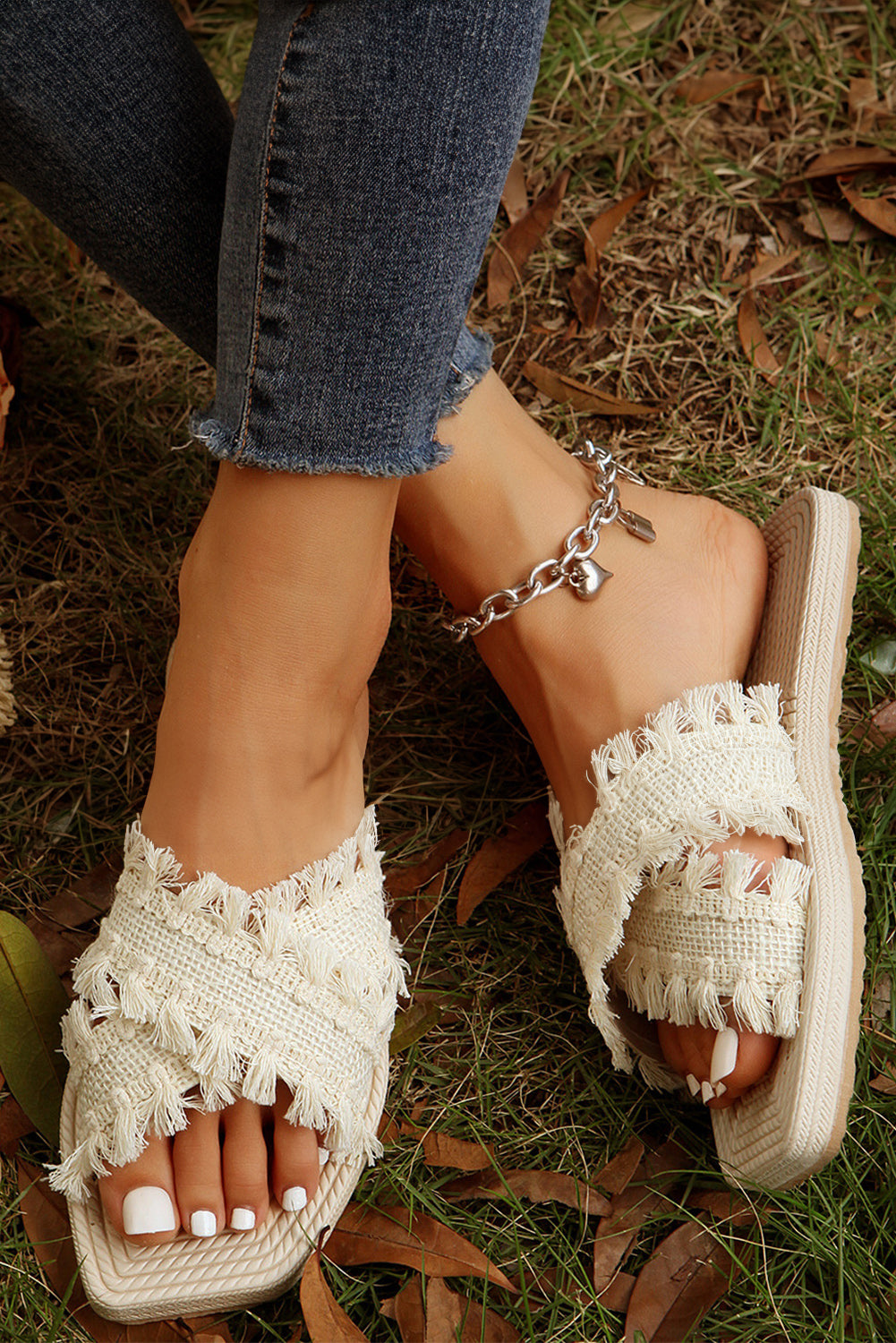 Beige Tassel Woven Crossed Straps Flat Slippers 🇨🇳