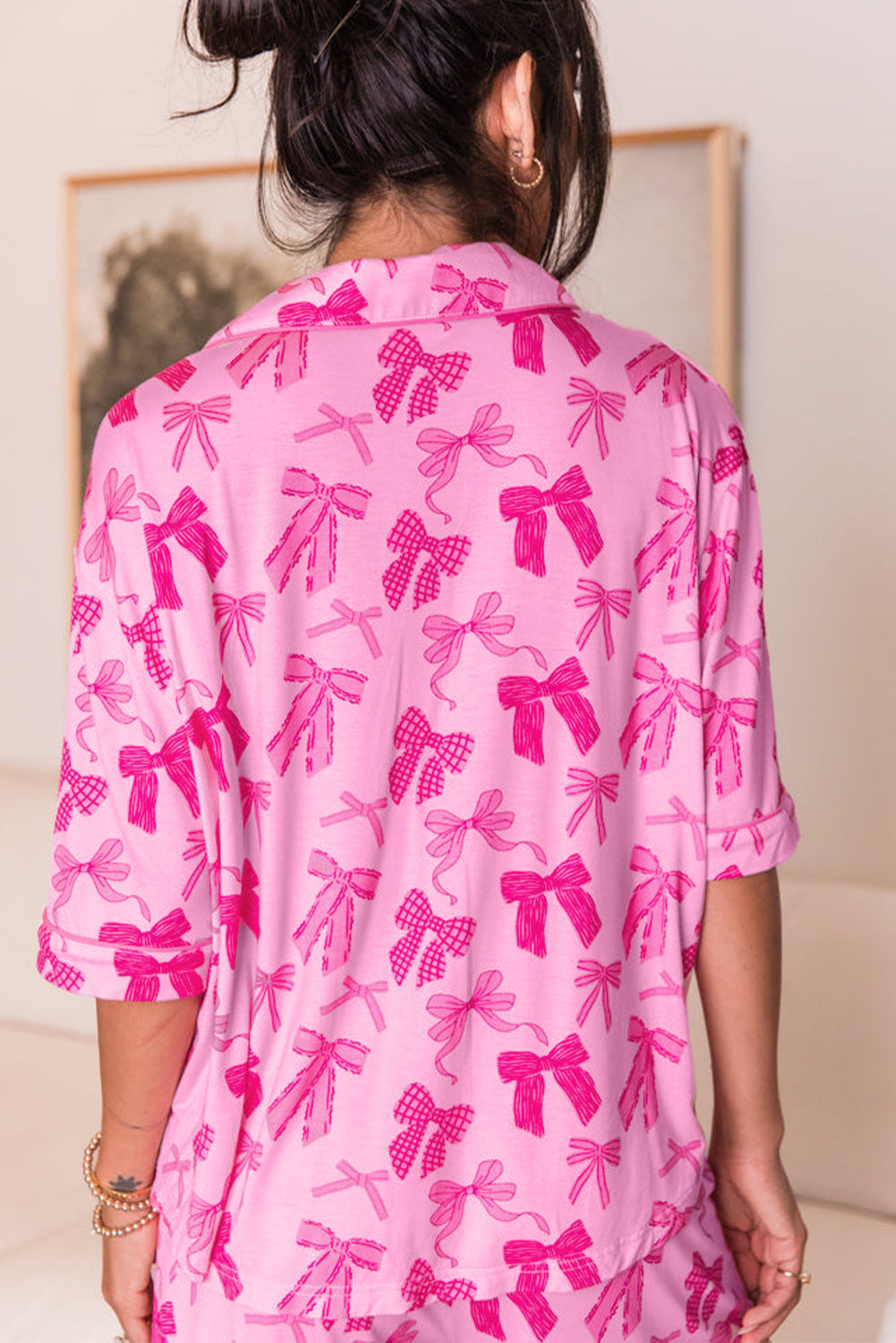 Pink Bow Print Half Sleeve Shirt and Shorts Pajamas Set 🇺🇸