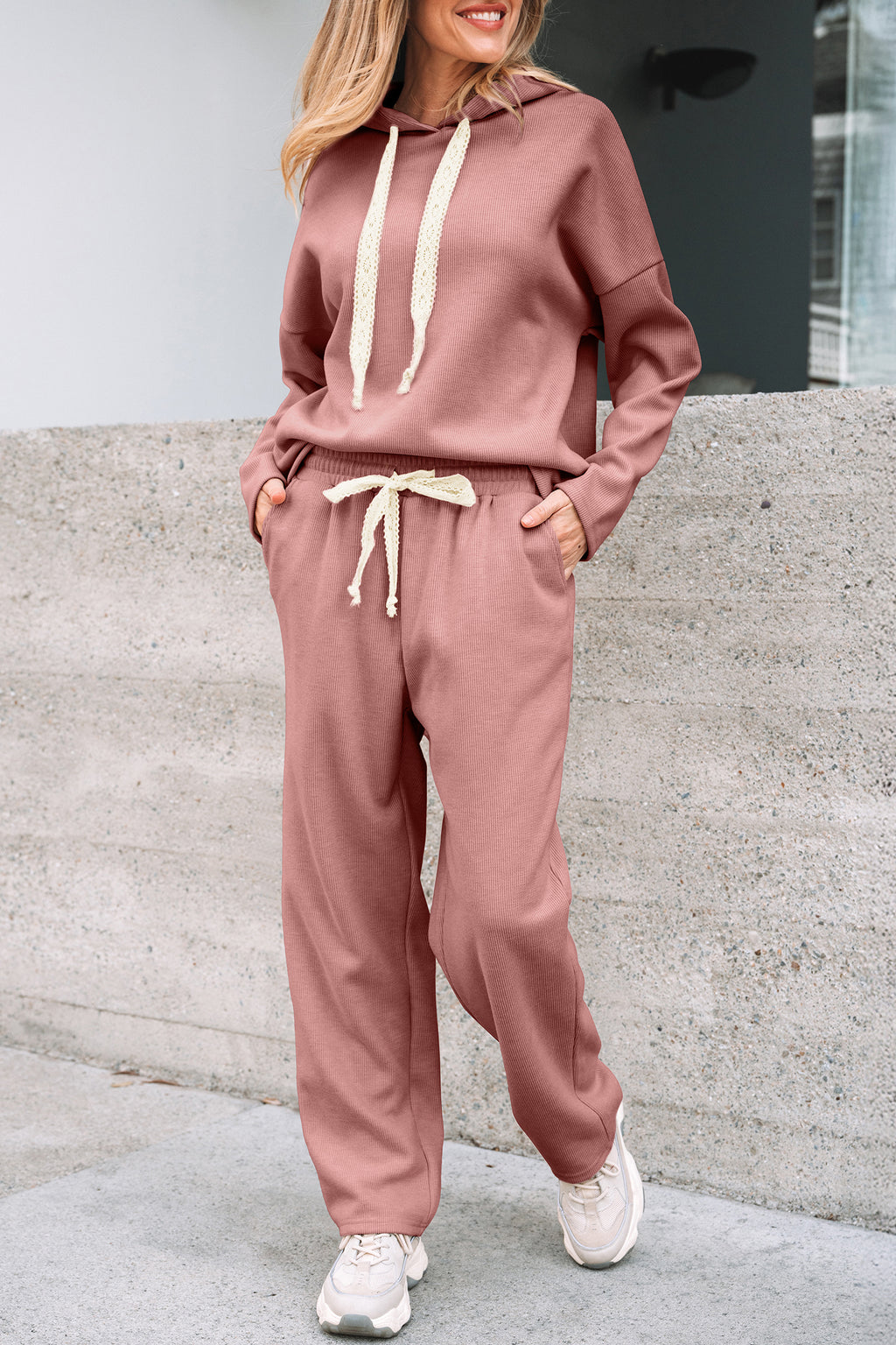 Rose Tan Lace Drawstring Pullover Hoodie and High Waist Pants Corduroy Suit 🇺🇸