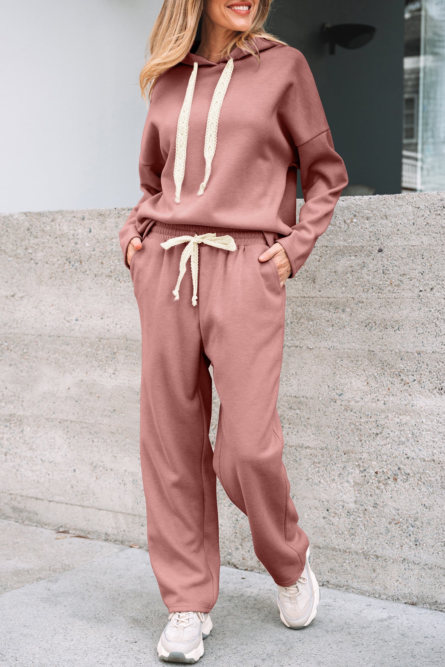 Rose Tan Lace Drawstring Pullover Hoodie and High Waist Pants Corduroy Suit 🇺🇸