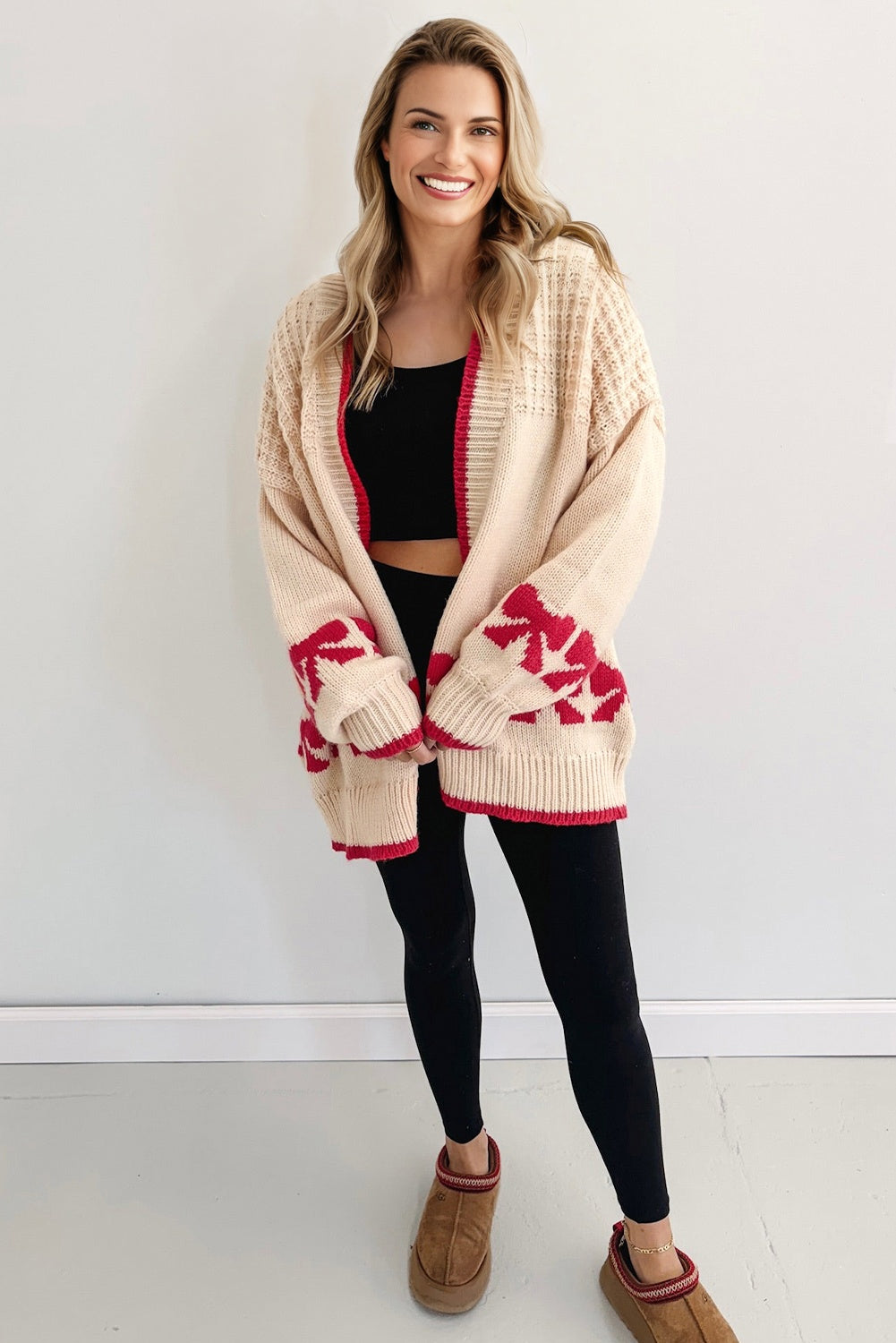 Apricot Bow Pattern Textured Open Front Baggy Cardigan 🇺🇸