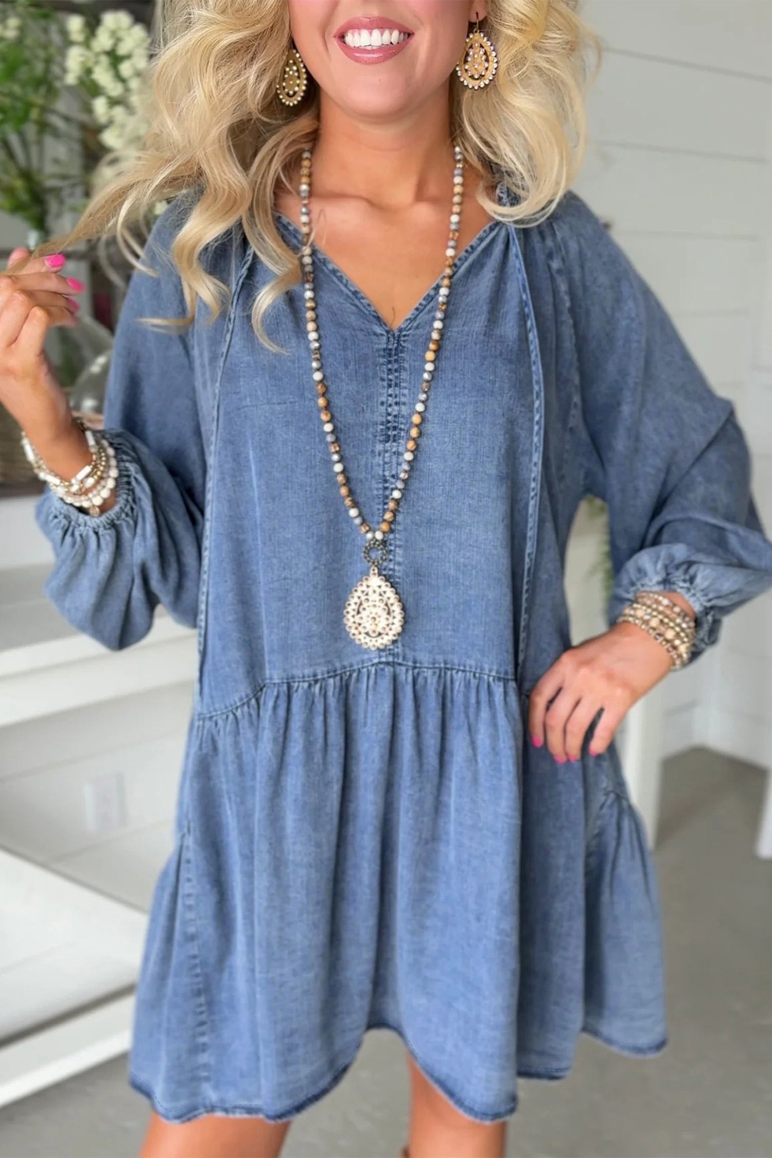 Myosotis Puff Sleeve V Neck Ruffled Loose Denim Mini Dress 🇺🇸