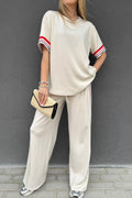 Jet Stream Contrast Striped Trim Crewneck T Shirt Loose Straight Pants Set 🇺🇸
