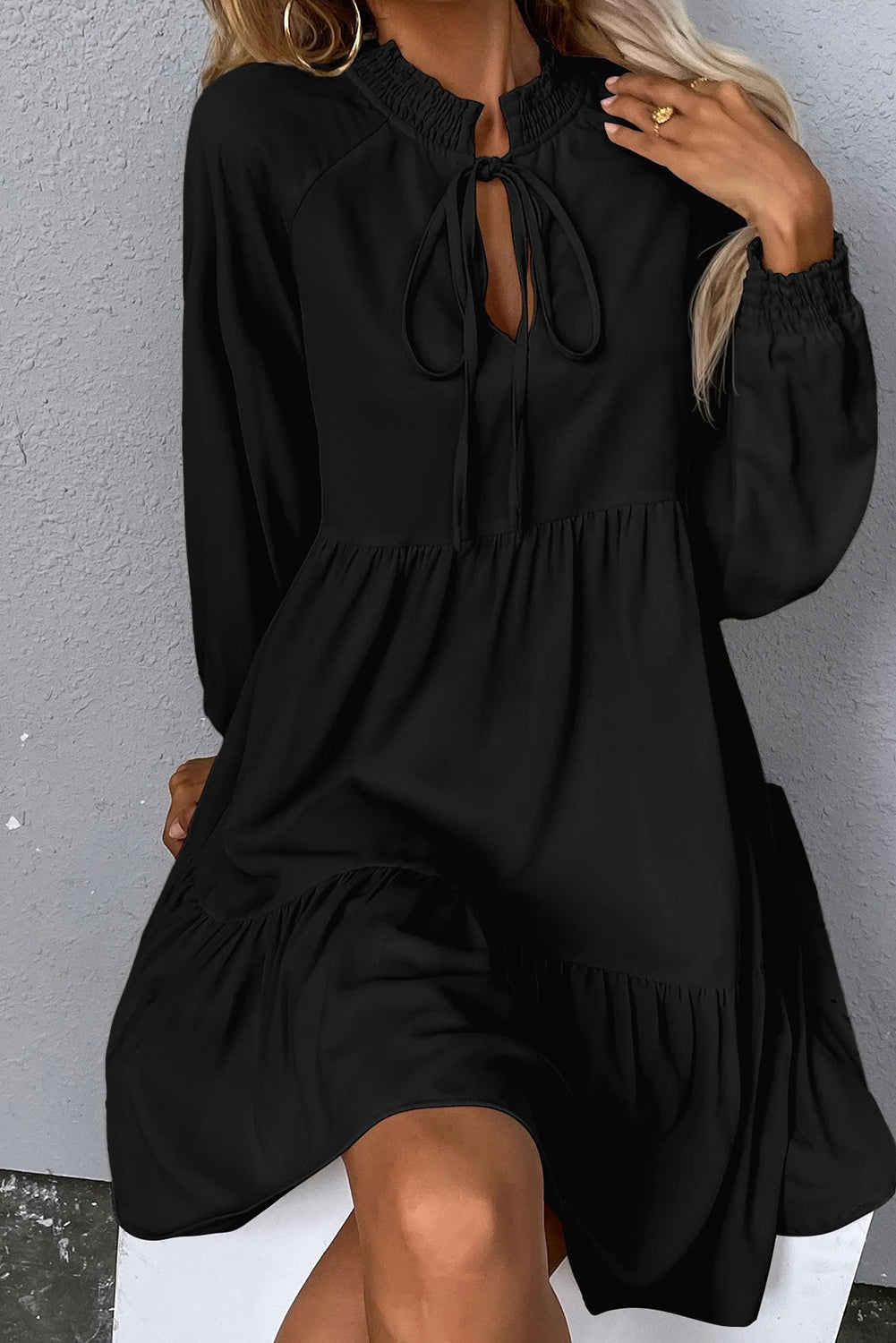 Black Tie Split Neck Smocked Detail Long Puff Sleeve Ruffle Hem Loose Dress 🇺🇸