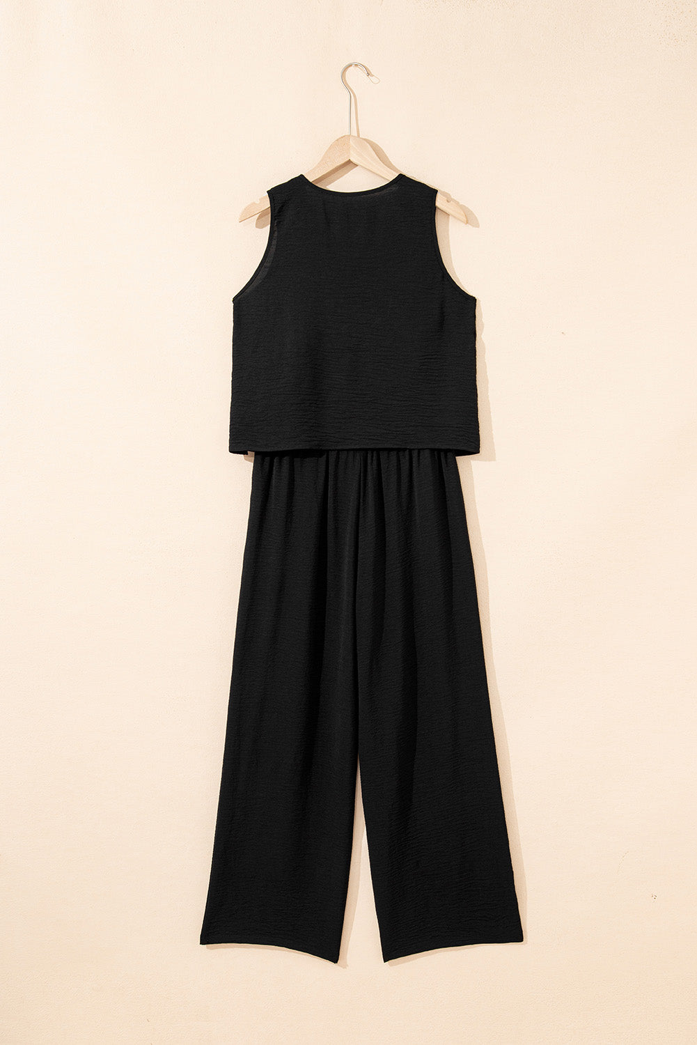 Black Buttoned Vest Drawstring Wide Leg Pants 2pcs Set 🇨🇳