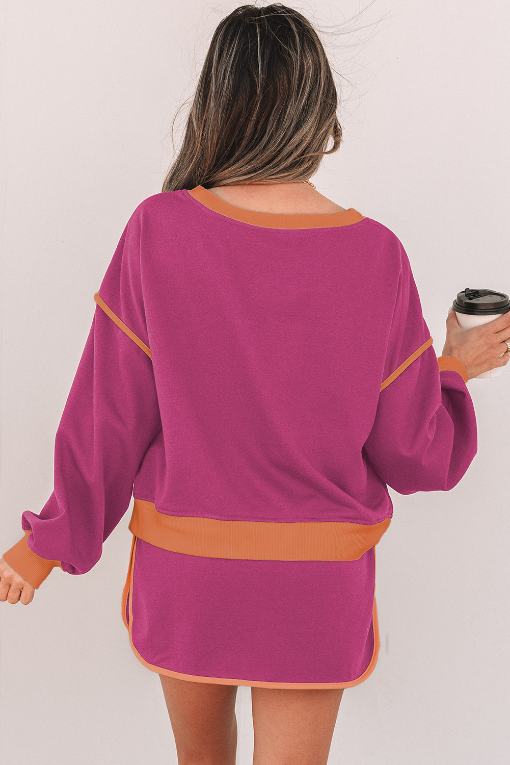 Rose Red Color Contrast Loose Pullover and Lace-up Waist Skort Set 🇨🇳
