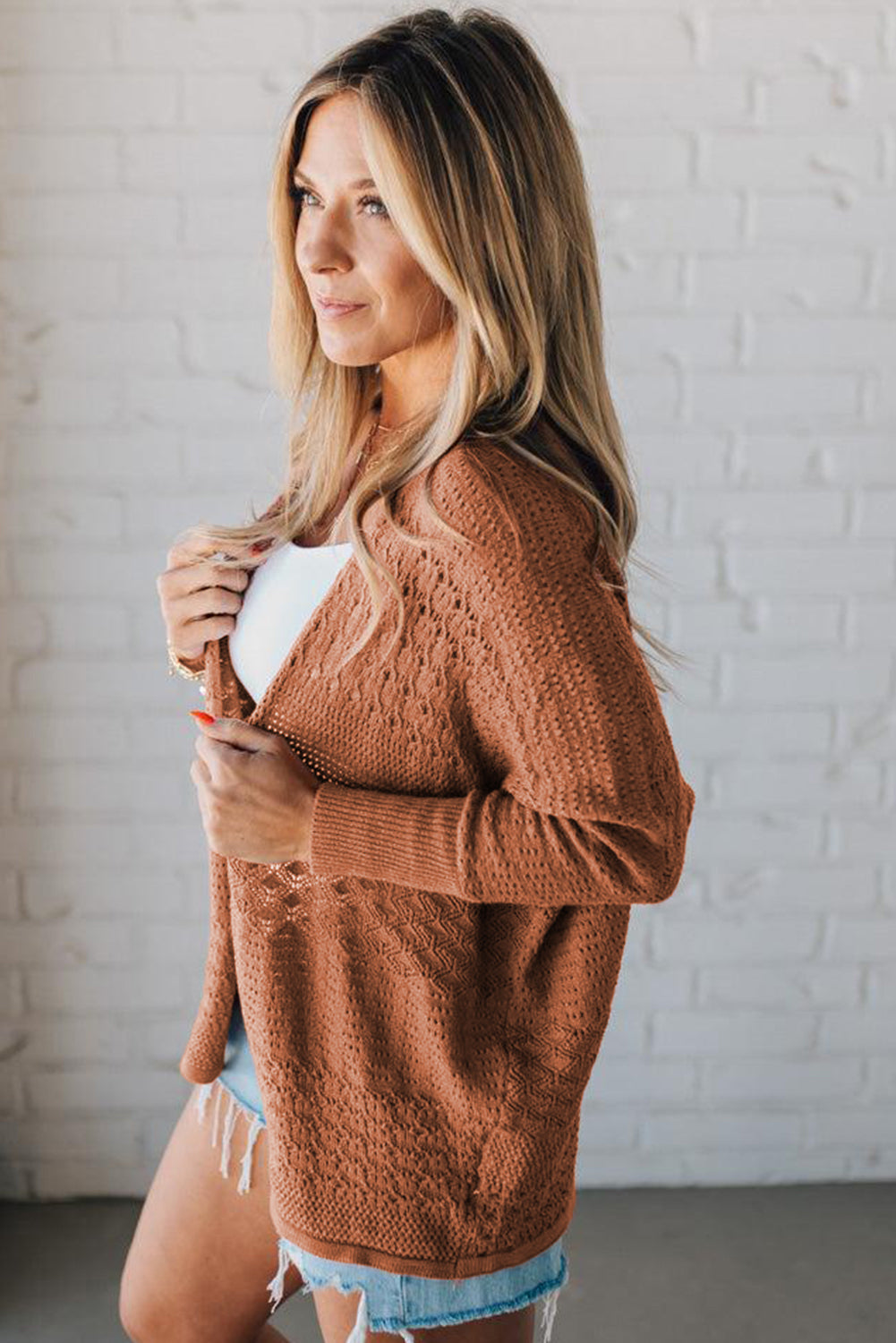 Redwood Burl Mix Pattern Hollowed Knit Open Front Cardigan 🇺🇸