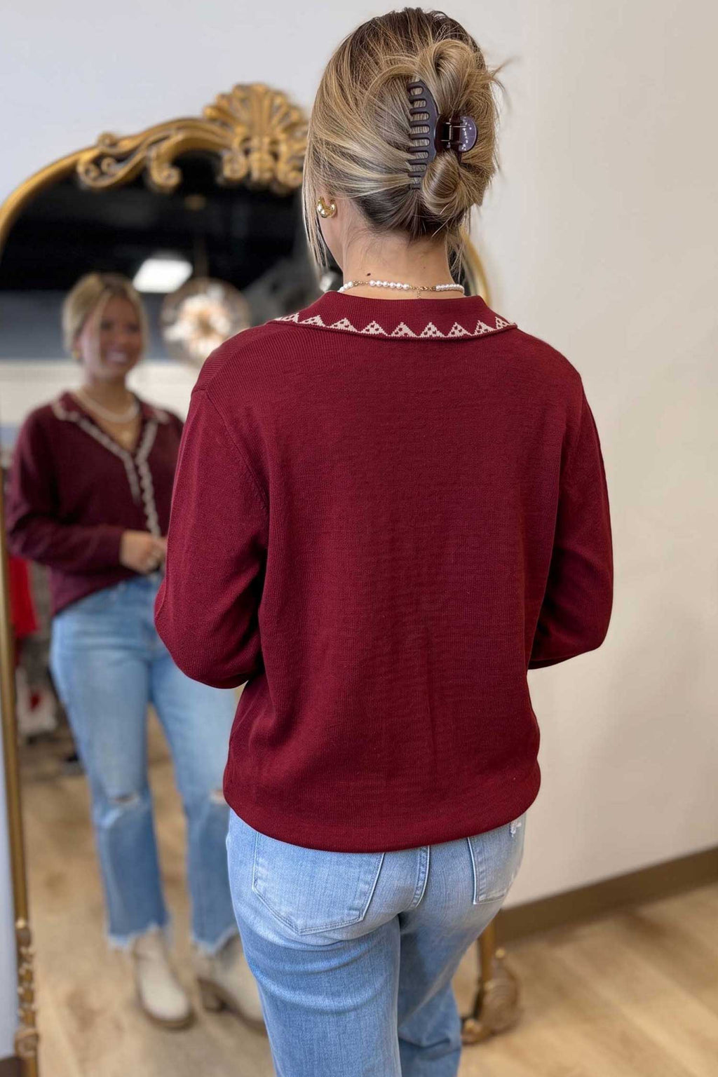 Burgundy Bow Pocket Collar Long Sleeve Knit Cardigan 🇺🇸