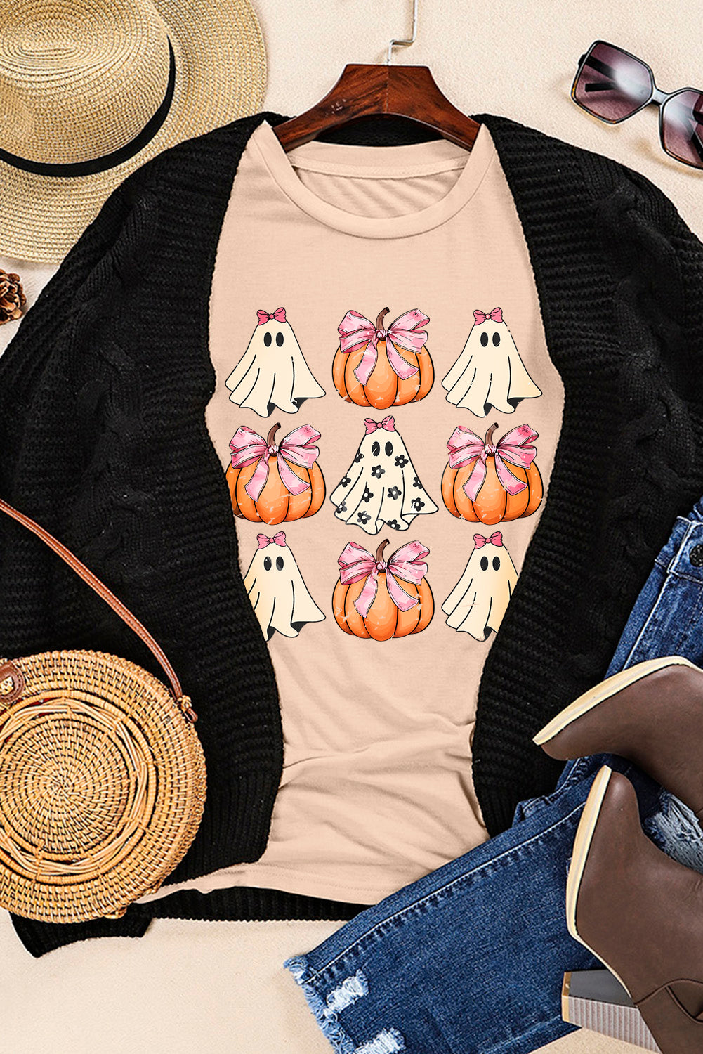 Black Bowknot Ghost Pumpkin Graphic Halloween T Shirt 🇺🇲
