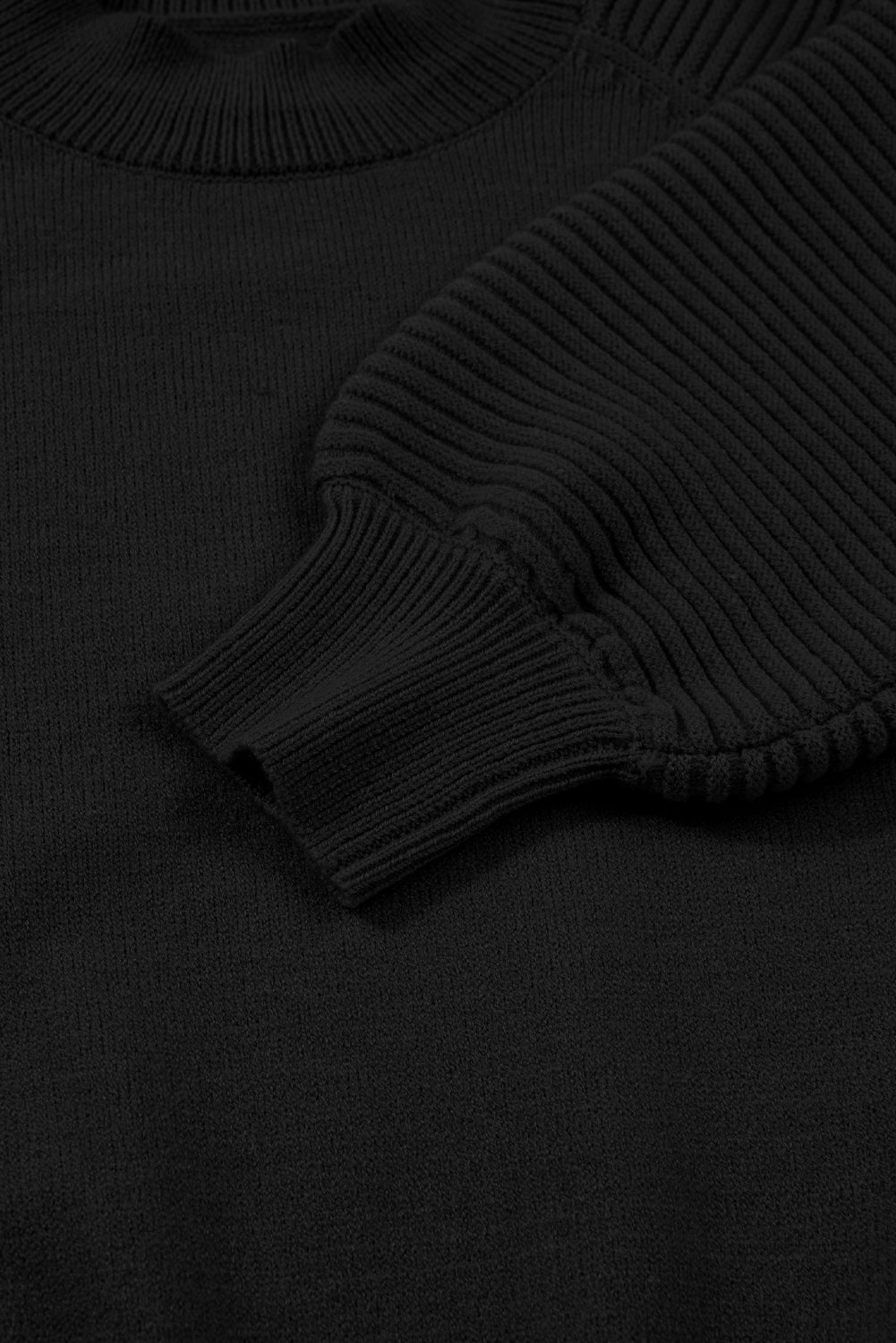 Black High Neck Puff Sleeve Sweater Pleated Mini Skirt 2pcs Knitted Outfit 🇺🇸