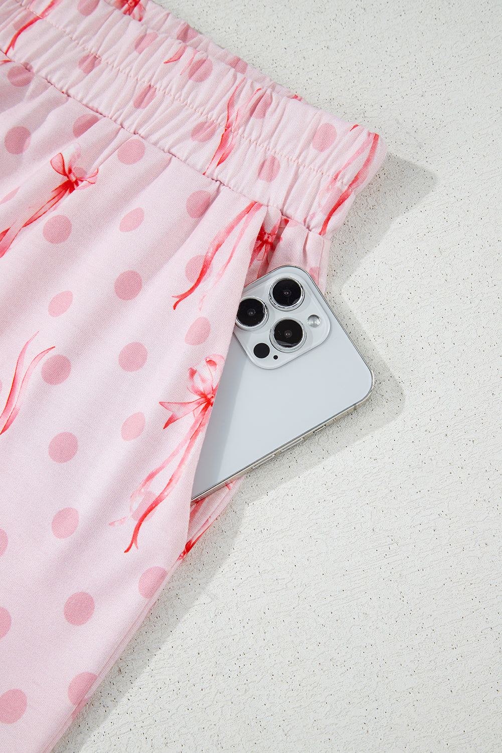 Pink Bow Knot Polka Dot Print Short Sleeve Top Lounge Set 🇺🇸
