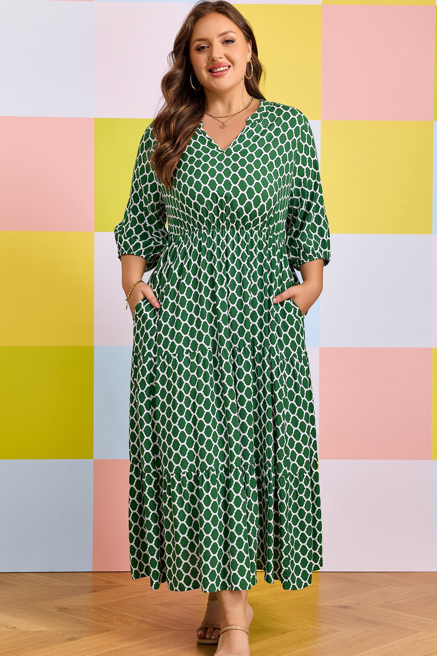 Green Plus Size Geometric Print Pocketed Ruffle Hem Casual Dress 🇺🇸