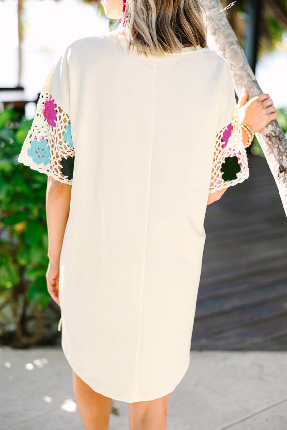 White Floral Crochet Splicing Sleeve T Shirt Dress 🇺🇸