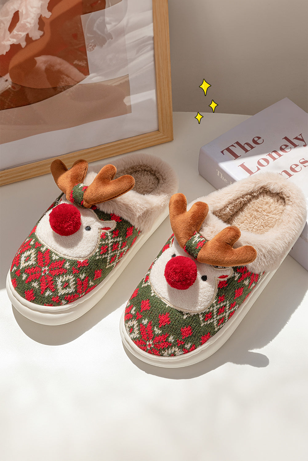 Dark Green Christmas Cartoon Reindeer Plush Home Slippers 🇺🇸