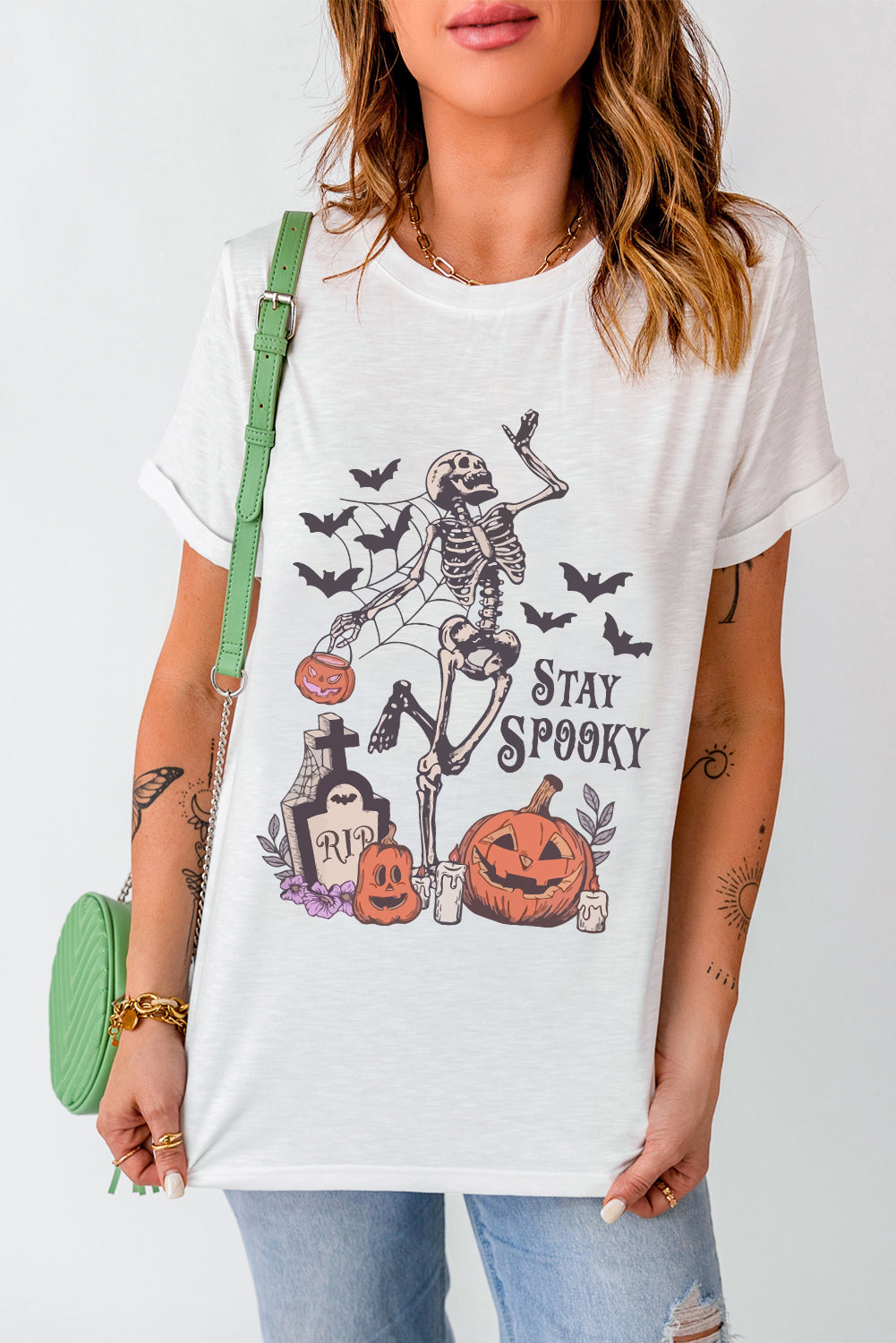 White Skull Pumpkin Face STAY SPOOKY Graphic Halloween T Shirt 🇺🇸