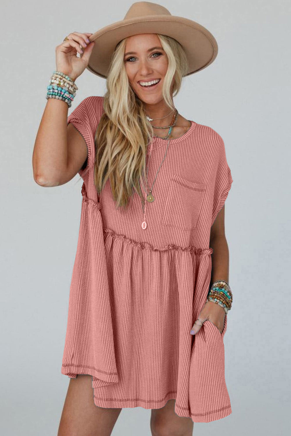 Dusty Pink Corded Knit Textured Patched Pocket Frilled Swing Mini Dress with Pockets 🇨🇳
