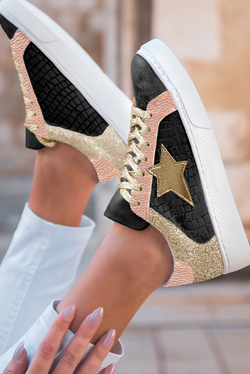 Rose Gold Glitter Star Patchwork PU Leather Lace-up Sneakers 🇺🇸