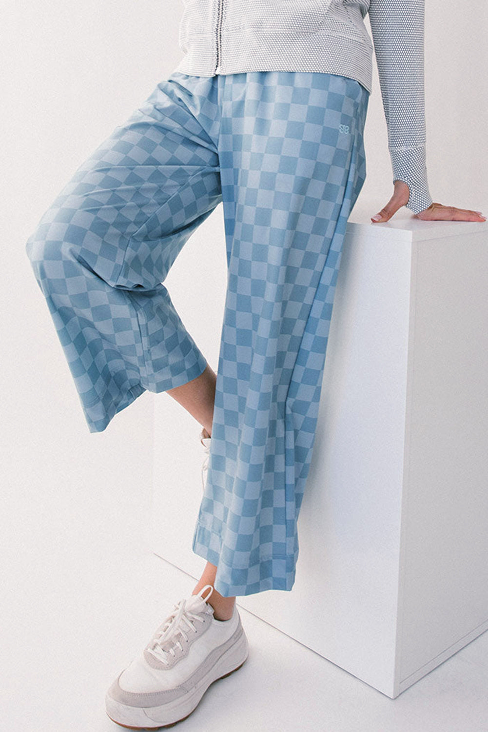 Sky Blue Checkered Elastic High Waist Loose Casual Pants 🇨🇳