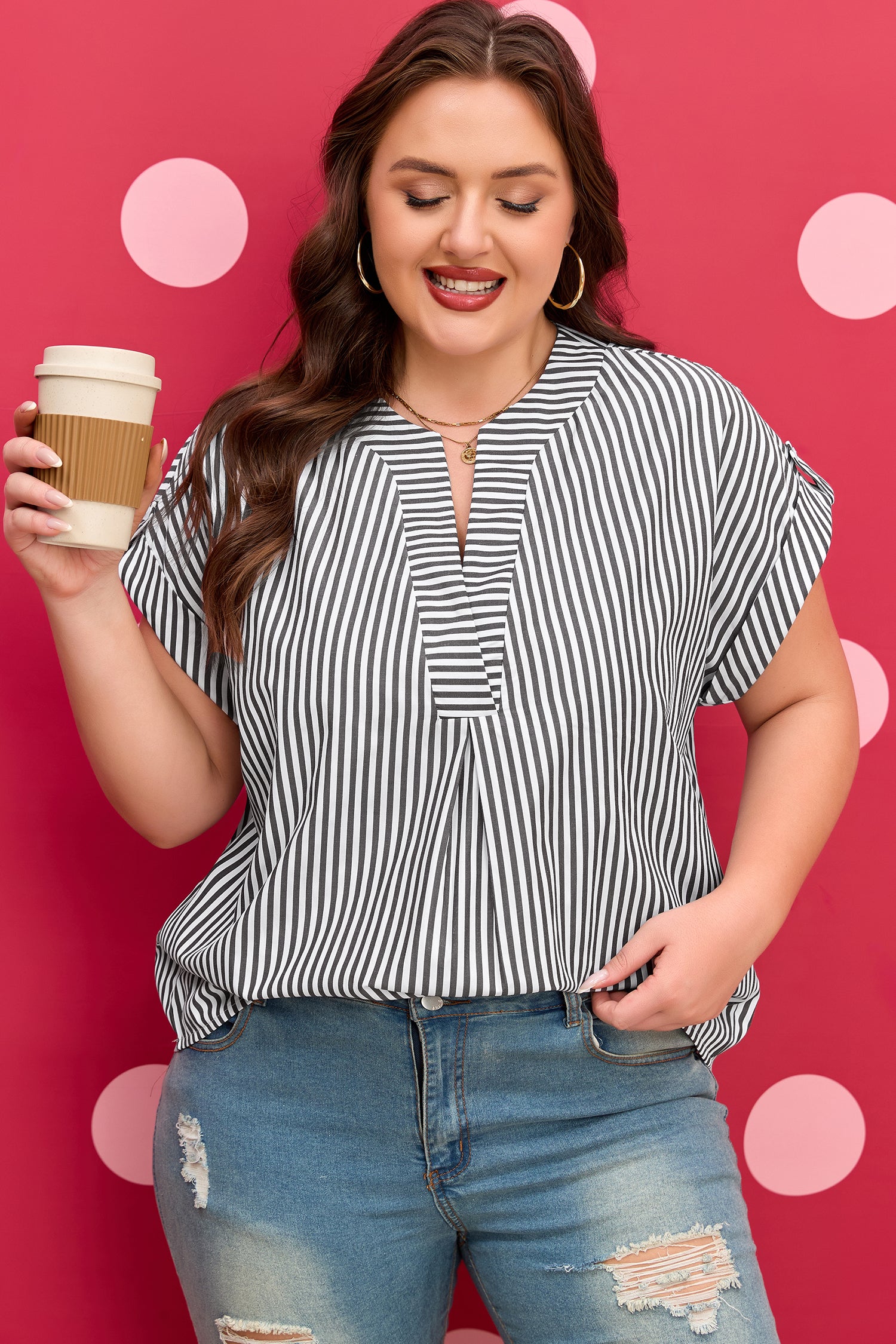Black Stripe Plus Size V Neck Roll-tab Short Dolman Sleeve Blouse 🇺🇸