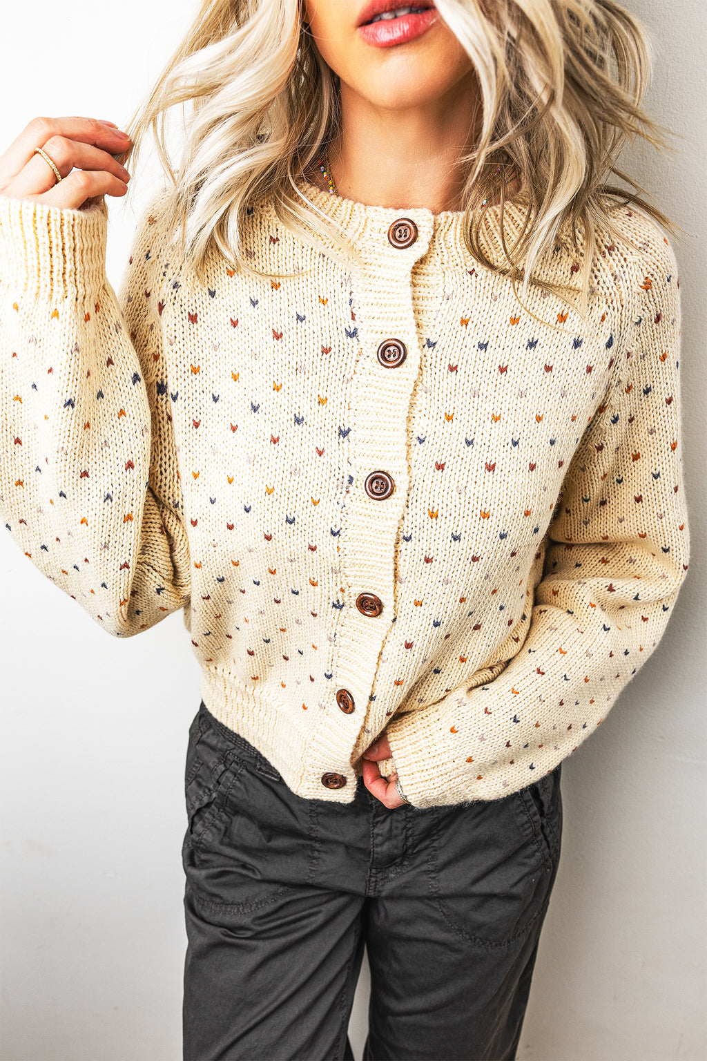 Beige Geometric Print Button Front Long Sleeve Regular Fit Cardigan 🇺🇸