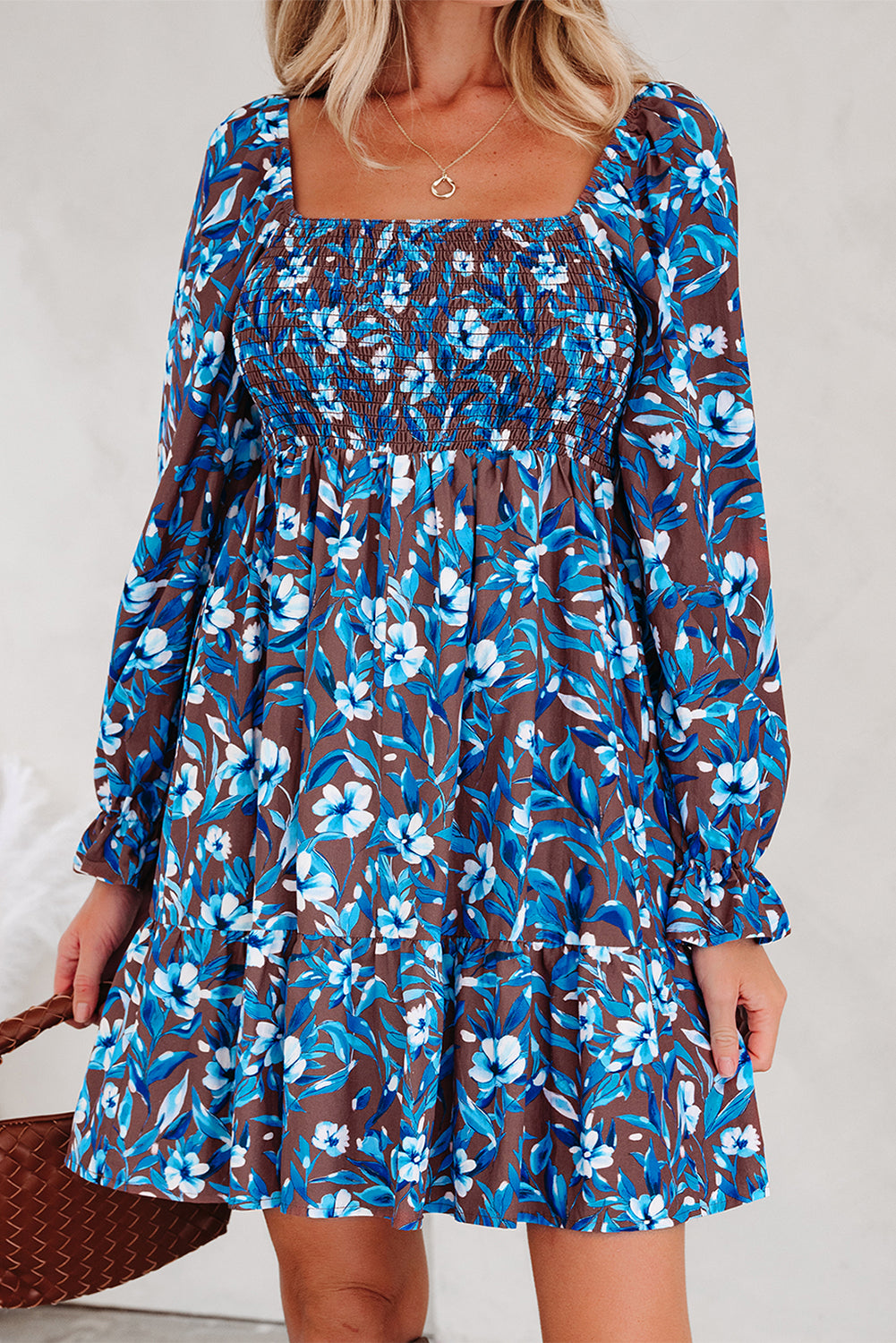 Blue Smocked Bodice High Waist Ruffled Sleeve Floral Dress 🇺🇸