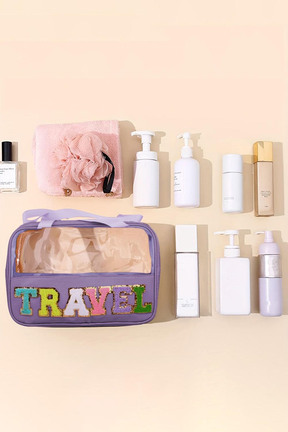 Purple TRAVEL Chenille Letter Clear PVC Makeup Bag 🇺🇲