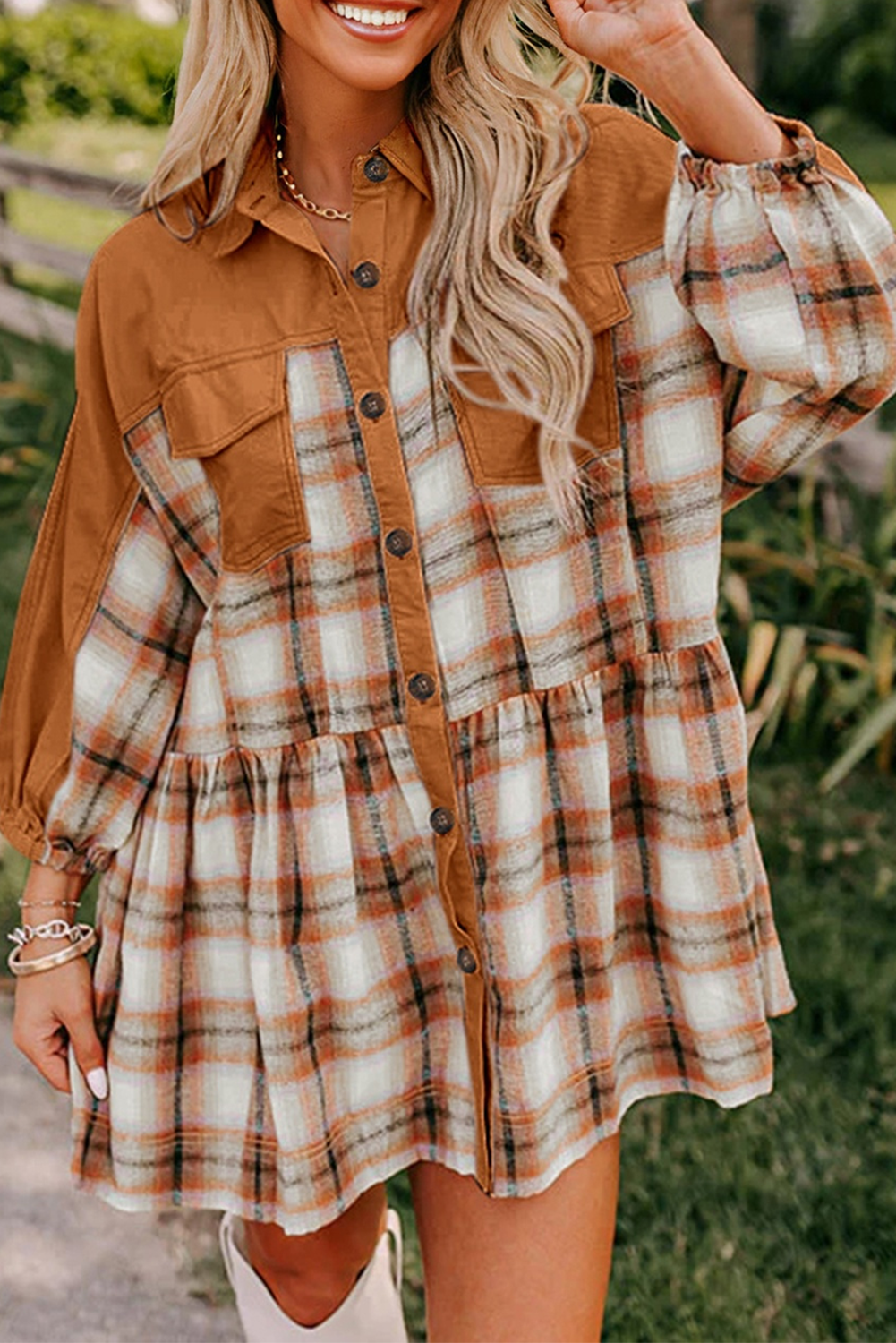 Khaki Plaid Color Block Patchwork Ruffle Hem Tunic Shirt Dress 🇺🇸