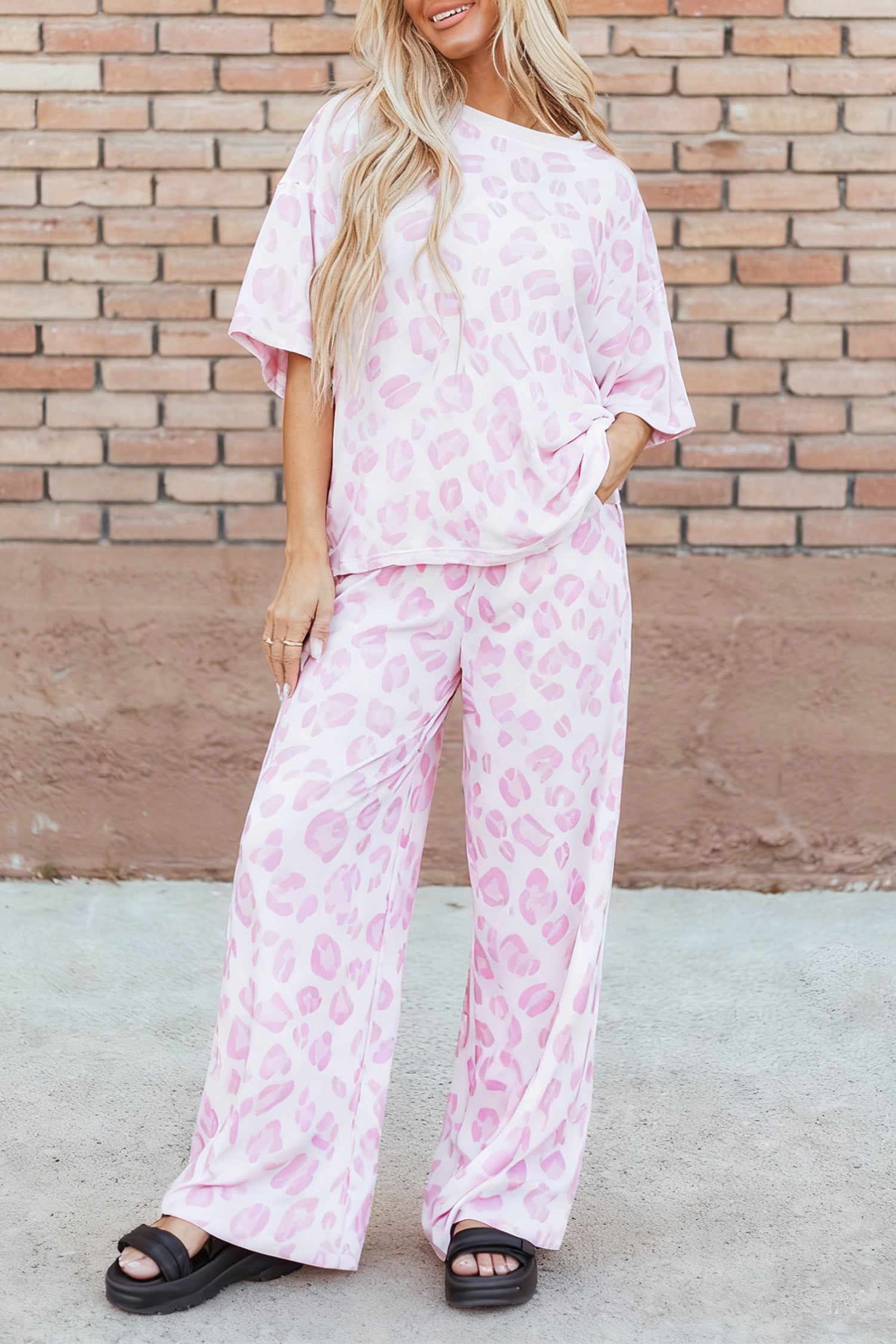 Pink Leopard Two Piece Top and Pants Set 🇺🇸