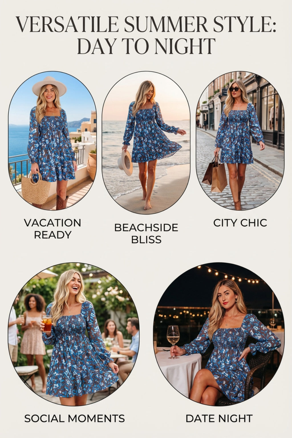 Blue Smocked Bodice High Waist Ruffled Sleeve Floral Dress 🇺🇸
