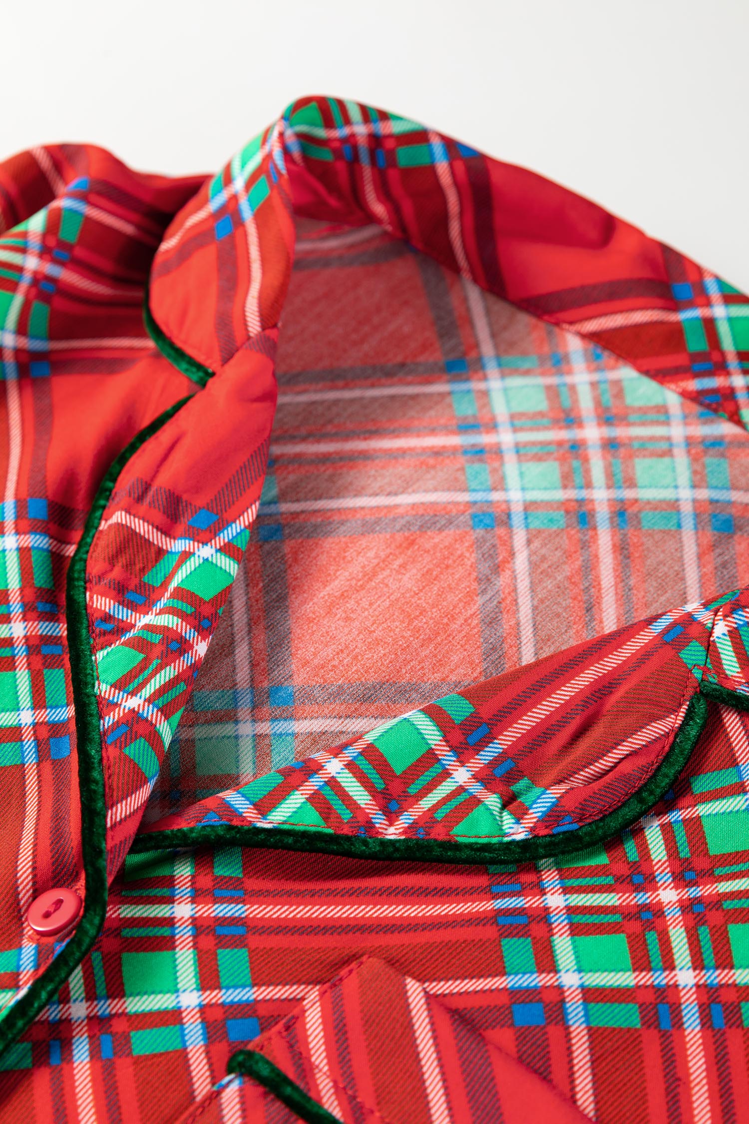 Fiery Red Christmas Plaid Satin Pajama Set with Contrast Velvet Ties 🇺🇸