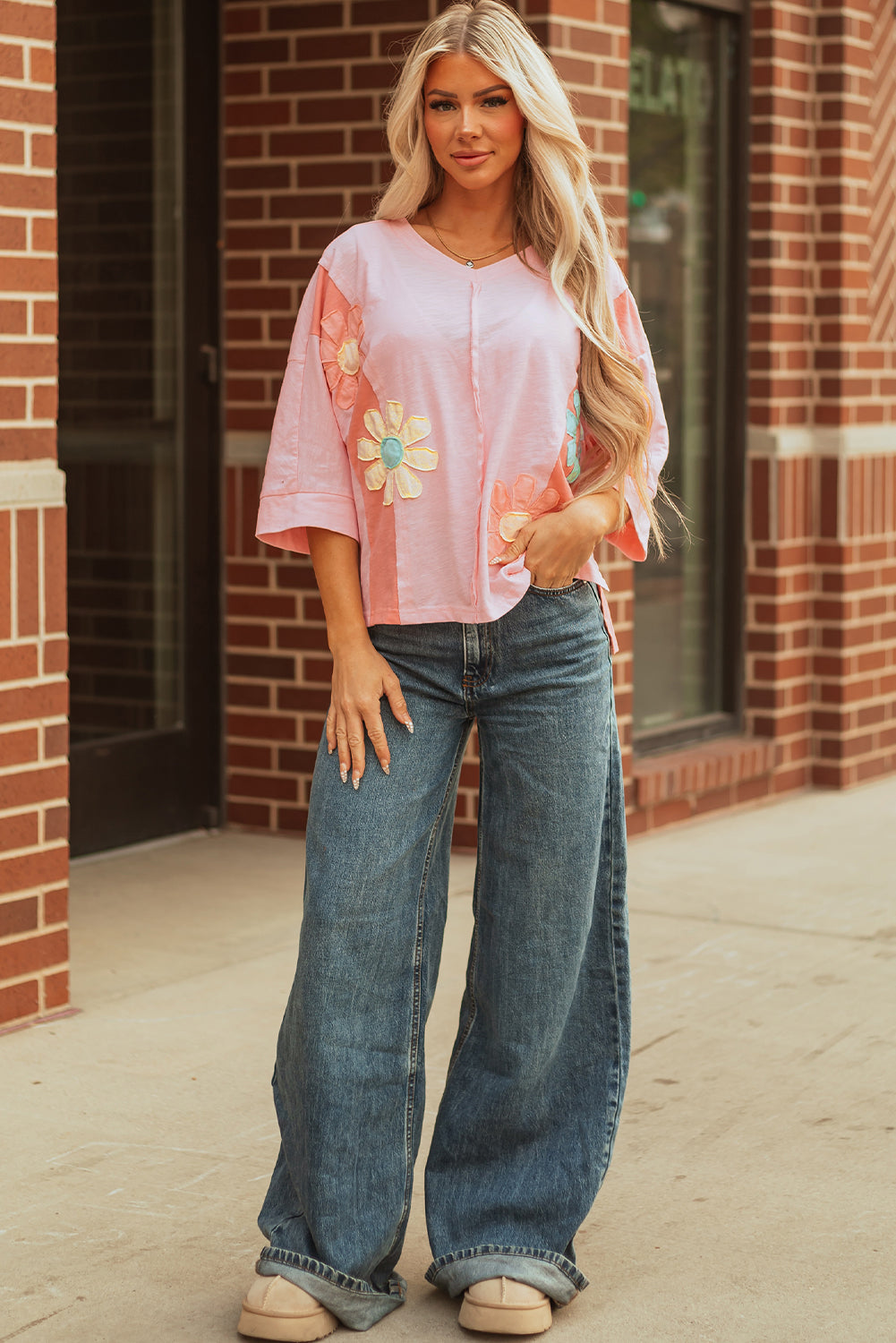 Pink Flower Patched Exposed Seam Bracelet Sleeve Oversized T Shirt 🇺🇲