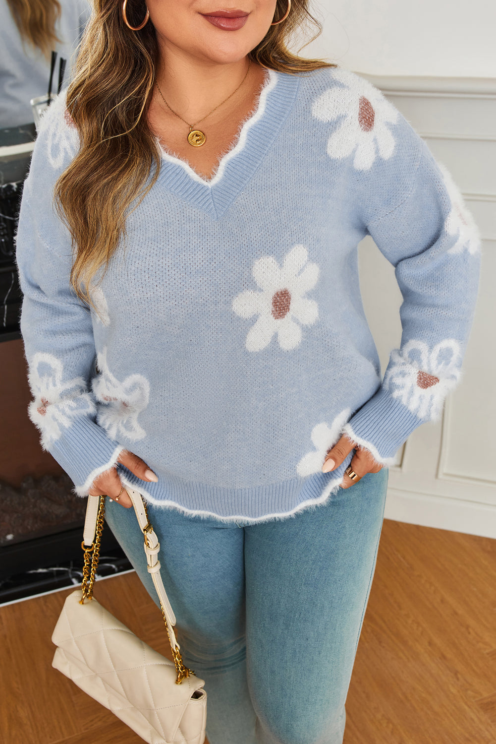 Gray Fuzzy Flower Scalloped V Neck Plus Sweater 🇺🇸