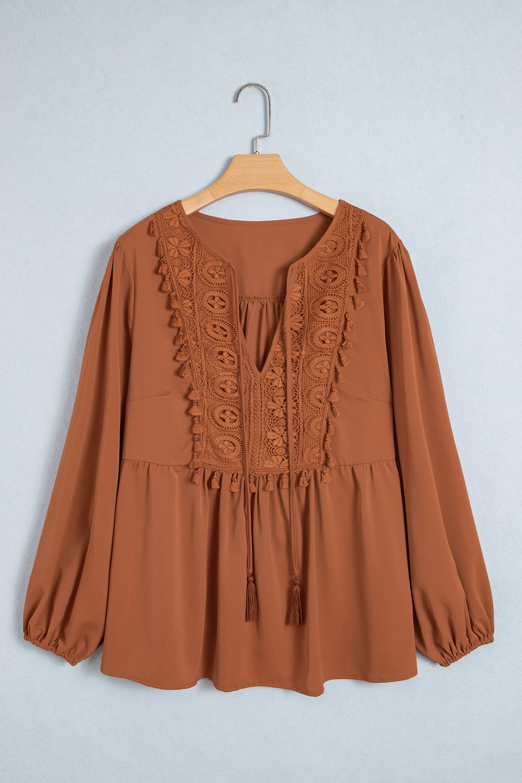 Chestnut Boho V Neck Embroidered Tassel Long Sleeve Plus Size Blouse 🇺🇸